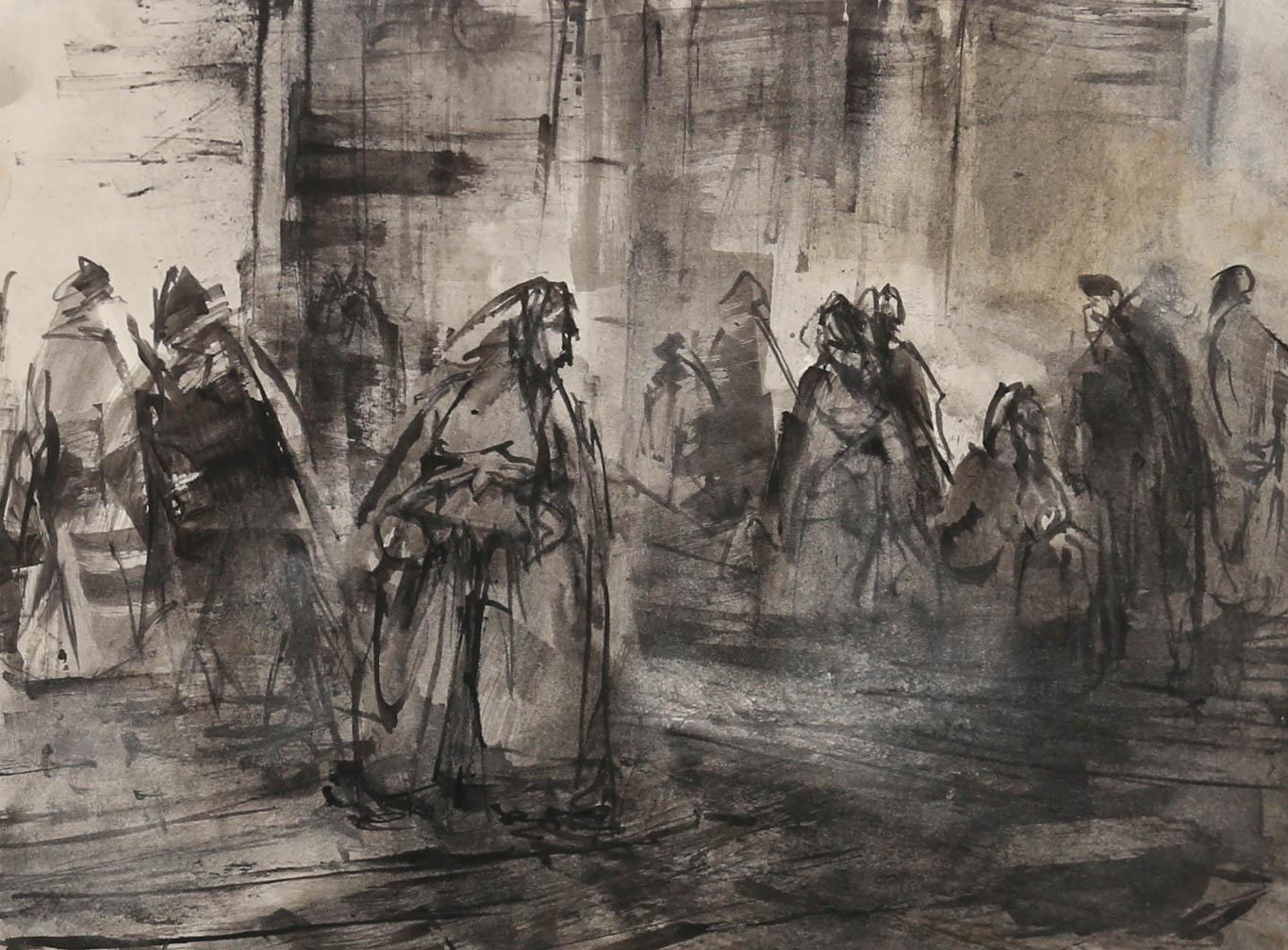 Antonio Mari Ribas (1906-1974) - Framed India Ink Study, Shadows of the Old Town 1