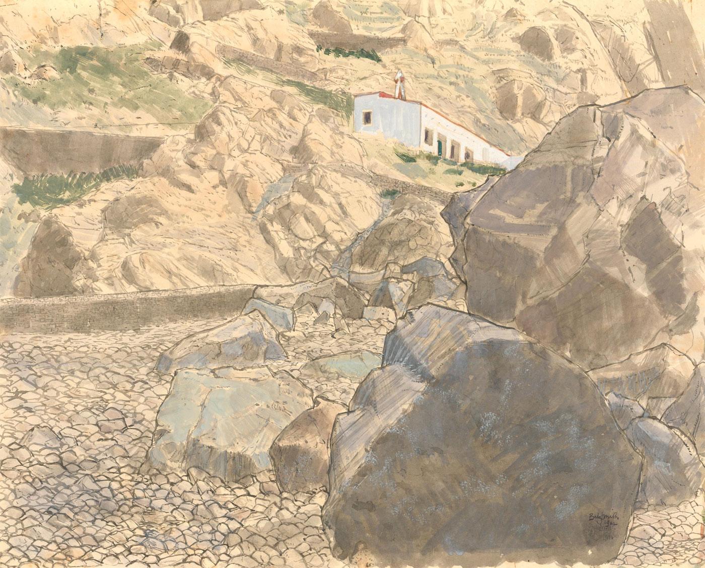 A charming watercolour study of a house of a rocky coastal cliffside. Signed and dated to the lower right. On paper laid to card.

