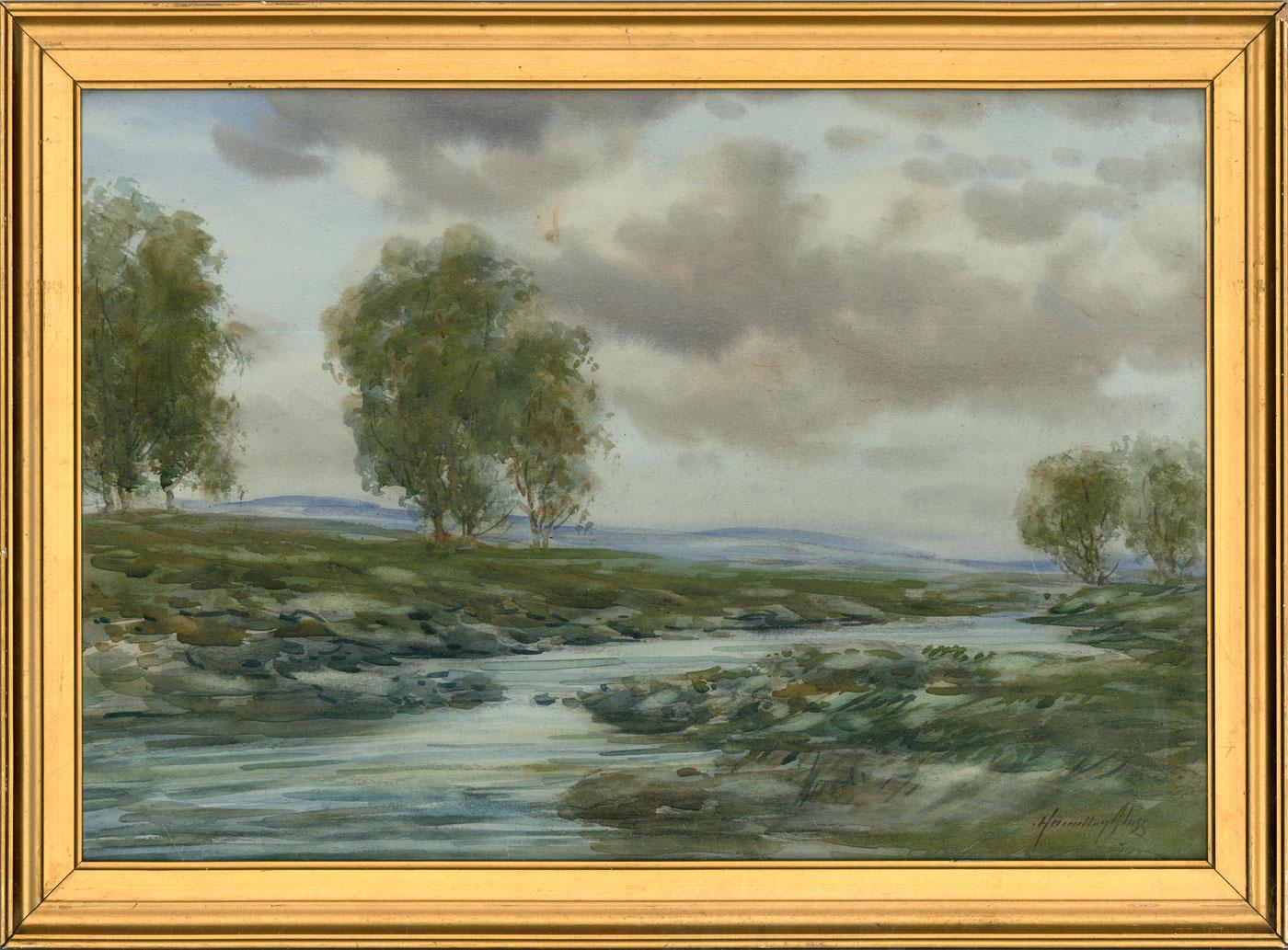 Un meraviglioso acquerello di un paesaggio di brughiera dell'artista britannico John Hamilton Glass SSA (1890-1925). Presentato in una semplice cornice dorata. Firmato. Su carta acquerellata.
