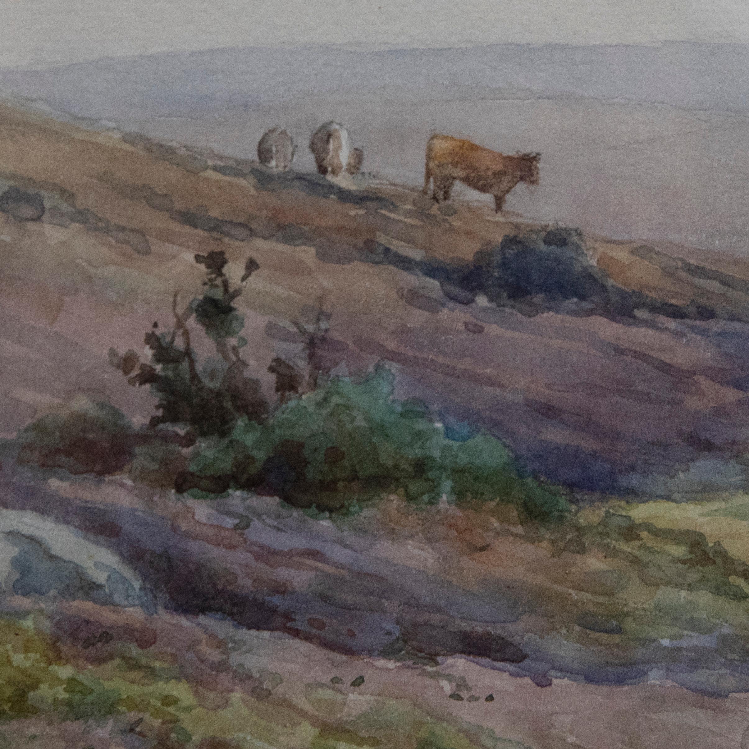 K. M. Broomhead - Framed Early 20th Century Watercolour, Landscape with Cattle For Sale 1