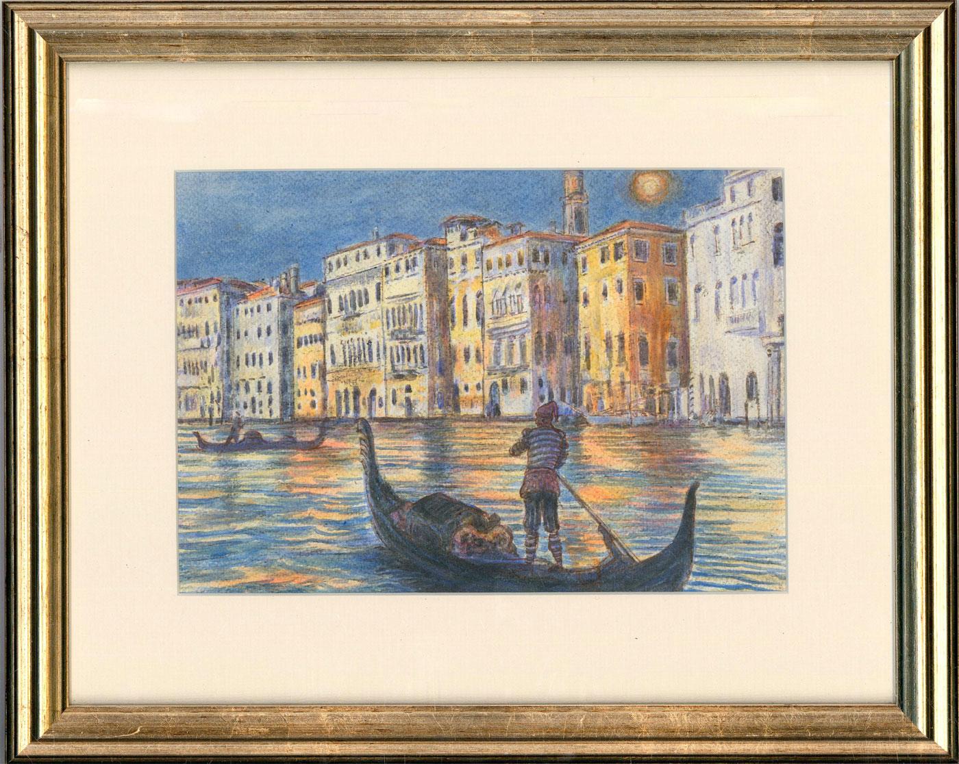 Unknown Landscape Art – Gerahmtes Aquarell des 20. Jahrhunderts – Abendlicht auf dem Grand Canal