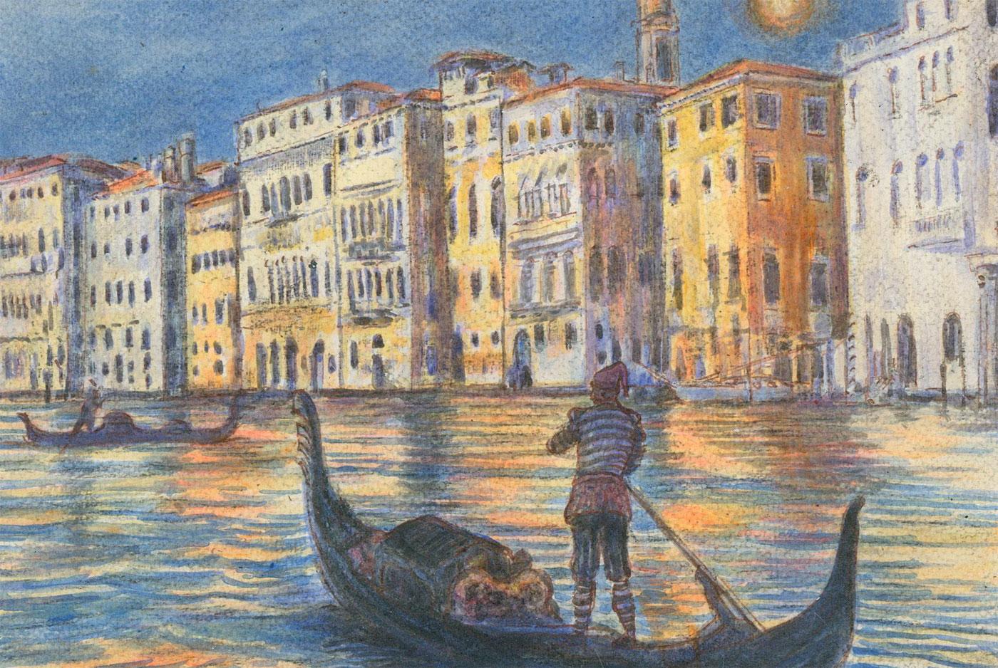 Gerahmtes Aquarell des 20. Jahrhunderts – Abendlicht auf dem Grand Canal – Art von Unknown