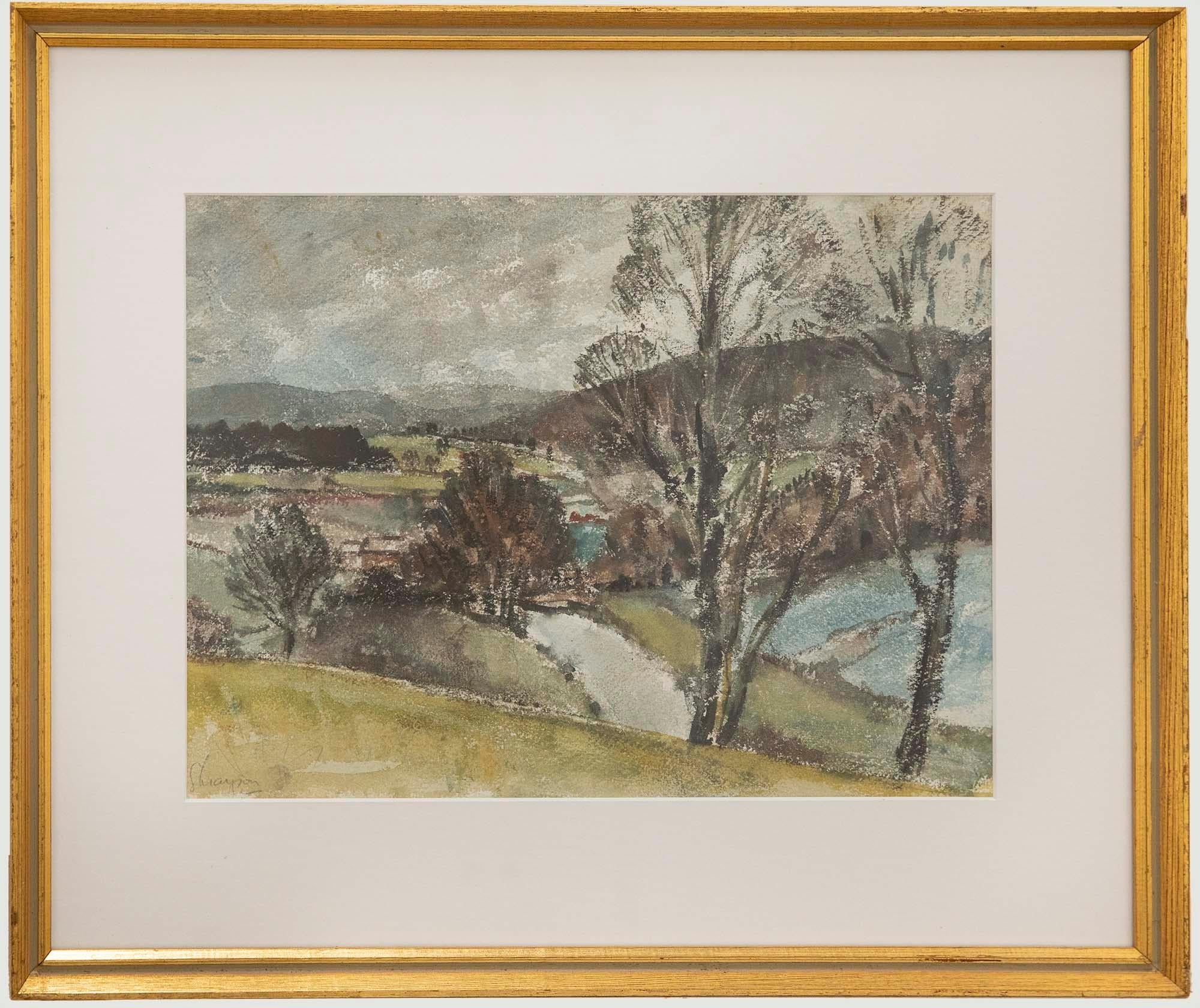 Unknown Landscape Art – Gerahmtes Aquarell des 20. Jahrhunderts – Winterbäume