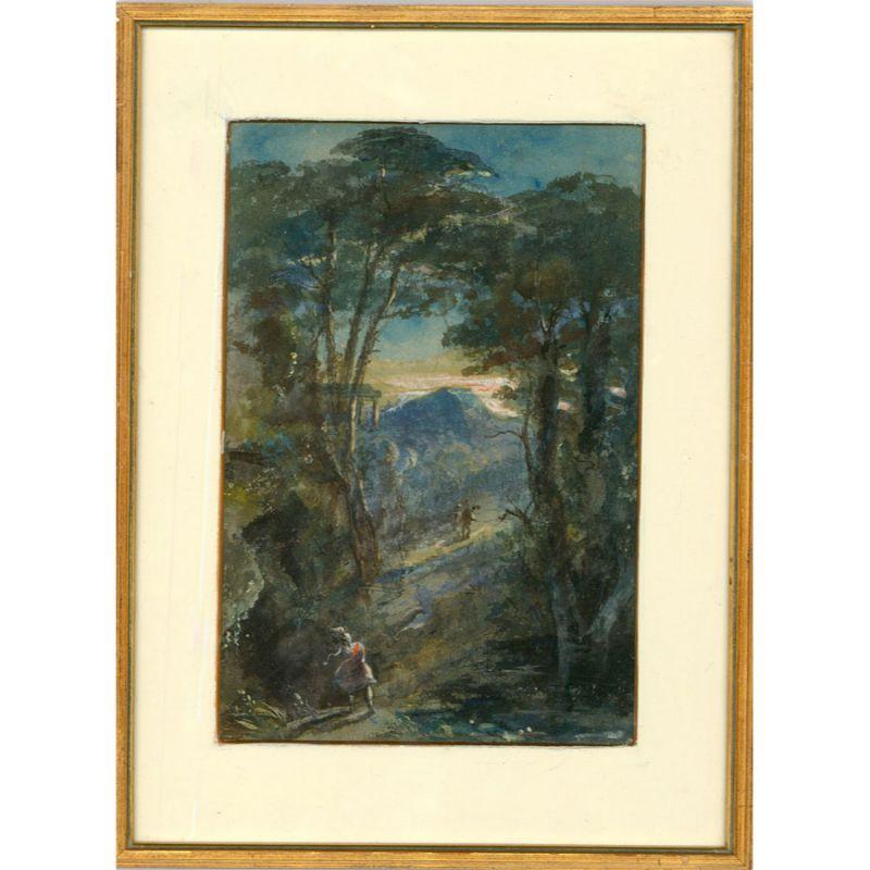 An original mid-19th-century watercolour by Charlotte Vawser (fl.1837-1875), depicting figures leaving the woods at dusk. The painting is inscribed to the reverse with the artist name, alongside a small label of biographical information. Presented