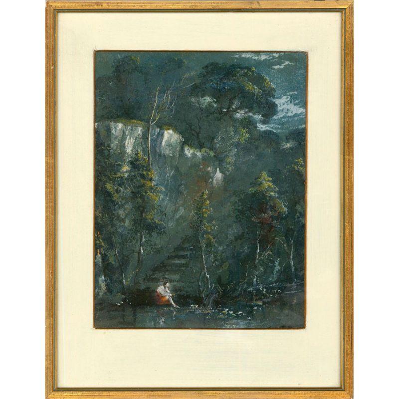 Una acuarela original de mediados del siglo XIX de Charlotte Vawser (fl.1837-1875), que representa una vista de paisaje en la Tumba de Virgilio, Nápoles. El cuadro está inscrito en el reverso con el nombre del artista y su ubicación. Presentada en