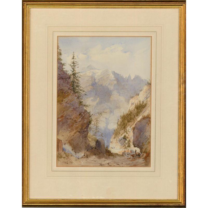 A finely executed watercolour landscape in the style of 19th century artist George Arthur Fripp (1813-1896). In the heart of the Alps near Tyrol, a cattle drover can be seen moving a small herd through a steep gorge with mountains behind. Unsigned.