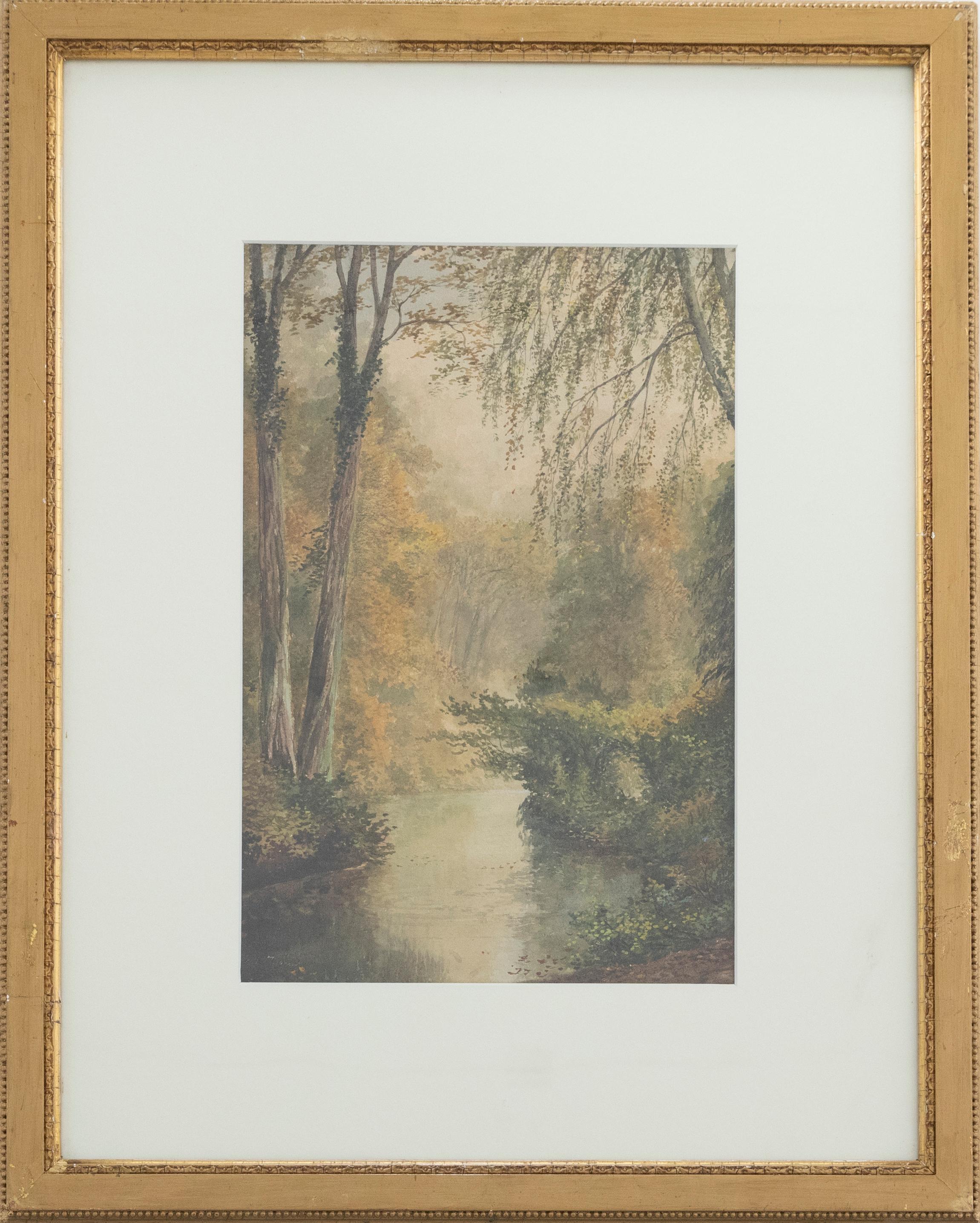 A charming woodland watercolour by 19th century artist E. J. Turner. The scene depicts a quiet pool of water running still amongst weeping trees and dappled shade. Presented in a gilt-effect frame with running pattern mouldings and new card mount.