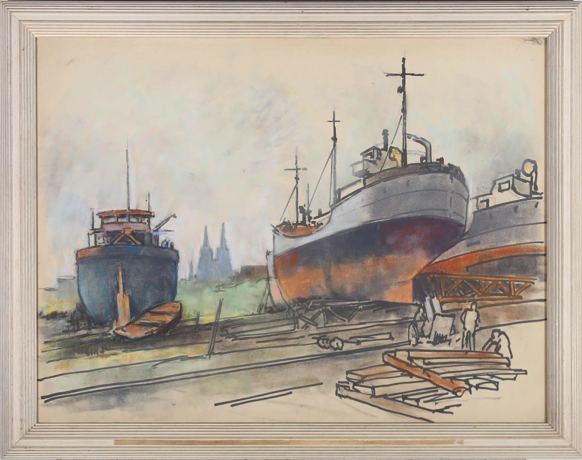 Erich Blase Landscape Art – Erich Blas (1903-1987) - Gerahmtes deutsches Schulpastell, Boote im Hafen