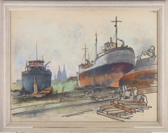 Erich Blas (1903-1987) - Pastel enmarcado de la German School, Barcos en el muelle