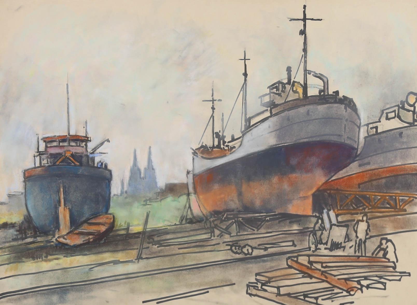Erich Blas (1903-1987) - Gerahmtes deutsches Schulpastell, Boote im Hafen – Art von Erich Blase