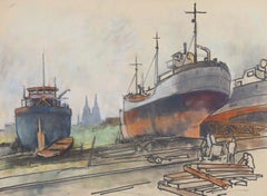 Erich Blas (1903-1987) - Framed German School Pastel, Boats In Dock