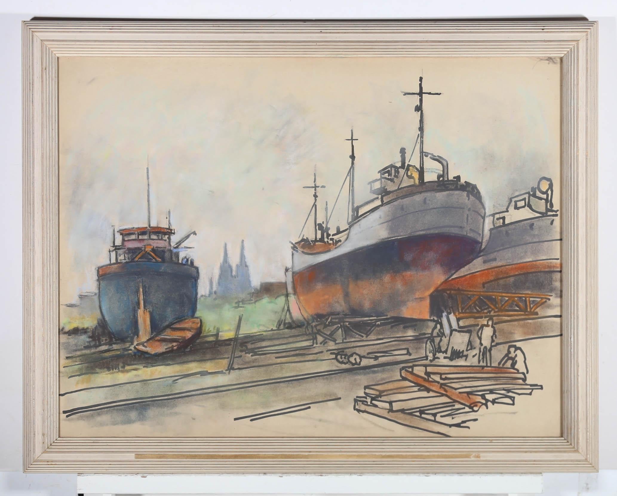 A large nautical scene of retired fishing trawlers rusting in a city dockland. Unsigned. Well-presented in a reeded wood frame. On paper.
