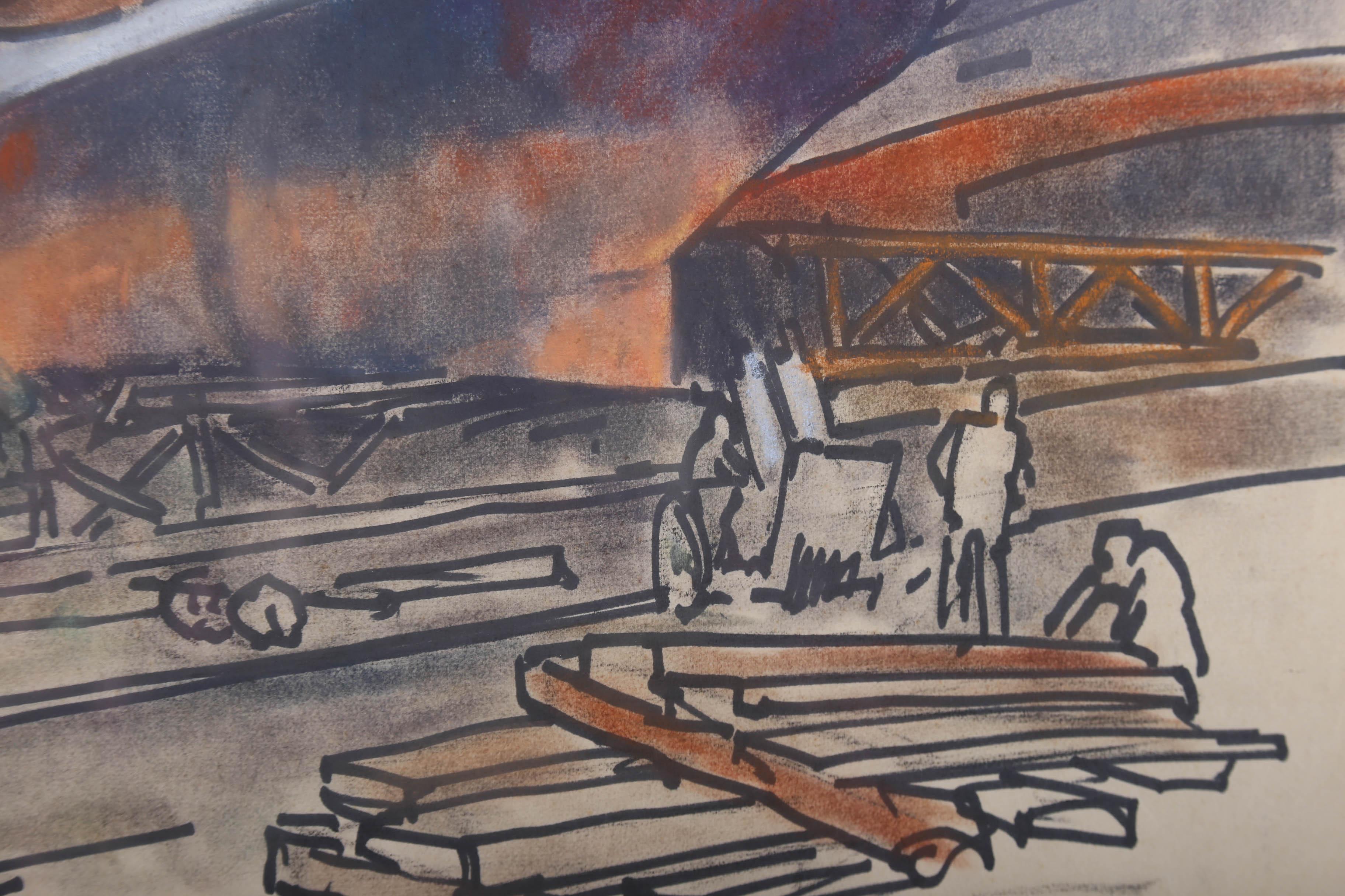 Erich Blas (1903-1987) - Framed German School Pastel, Boats In Dock For Sale 2
