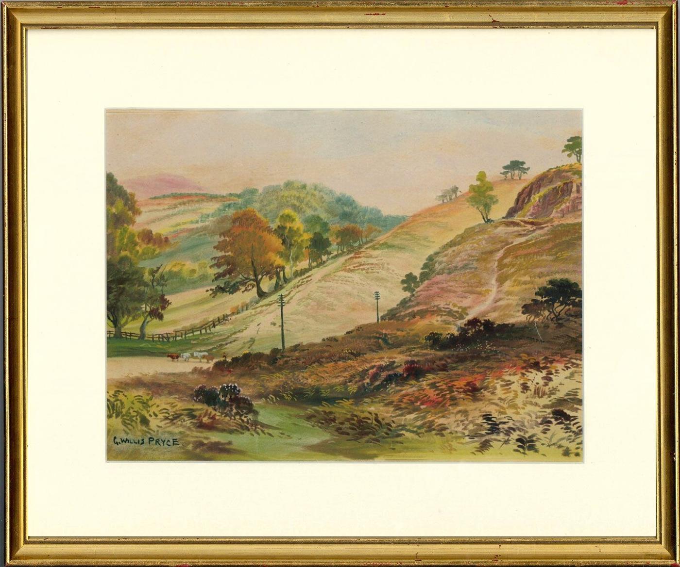 An original early 20th century watercolour by British artist George Willis Pryce, depicting a cattle drover rounding up his herd at the bottom of undulating banks of bracken and grass. Signed by Pryce to the lower Left. Finely mounted in a