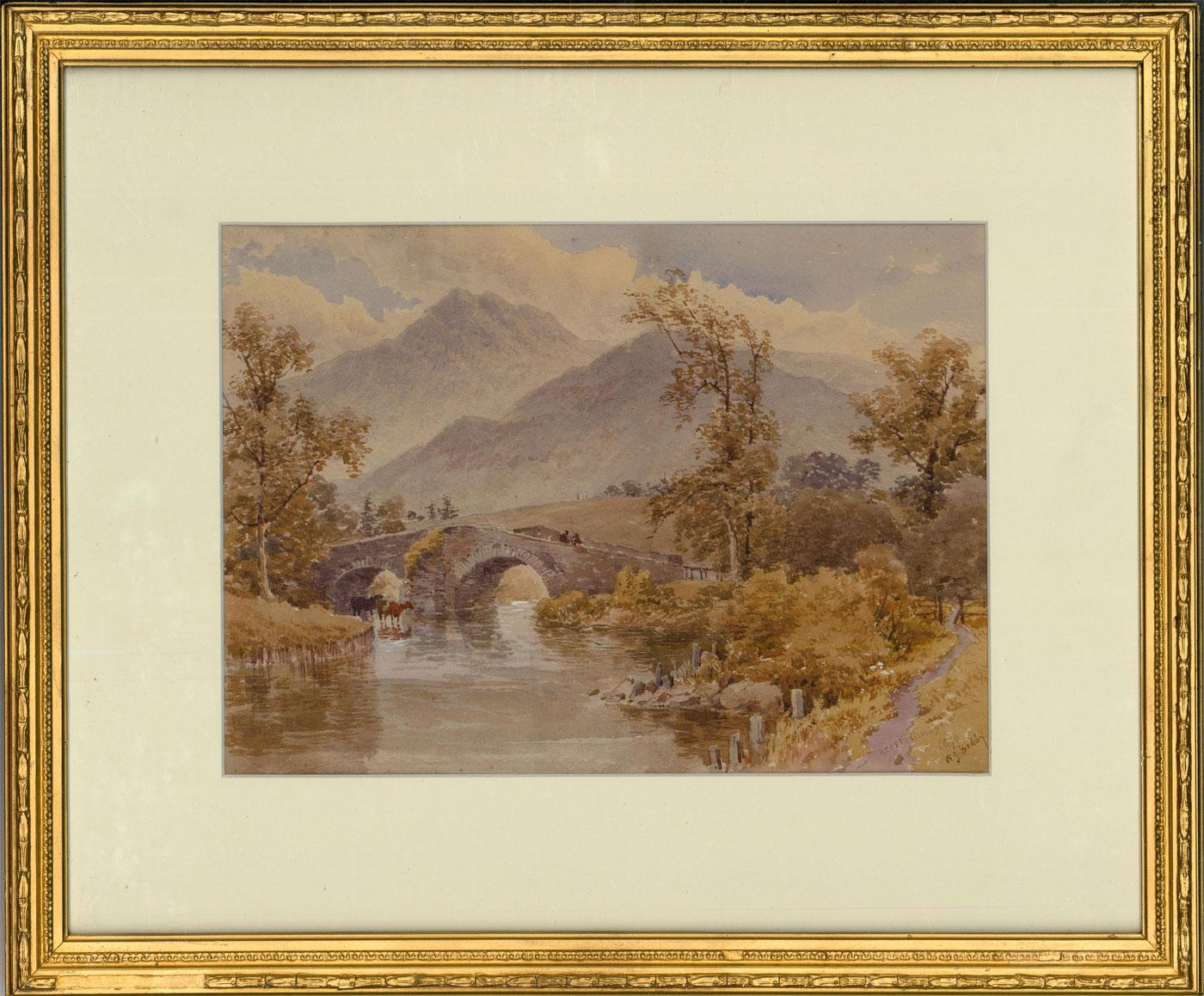 Close to the western shore of Derwentwater, this delightful watercolour depicts a village bridge from Portinscale. Framed in one of the stone arches, watering cattle have there heads raised to two fishing enthusiasts standing on the bridge. In the