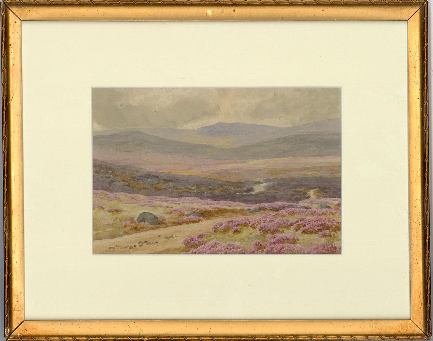 Landscape Art di William Snell Morrish - William S. Morrish (1844-1917) - Acquerello incorniciato, Dartmoor su Scorhill Down