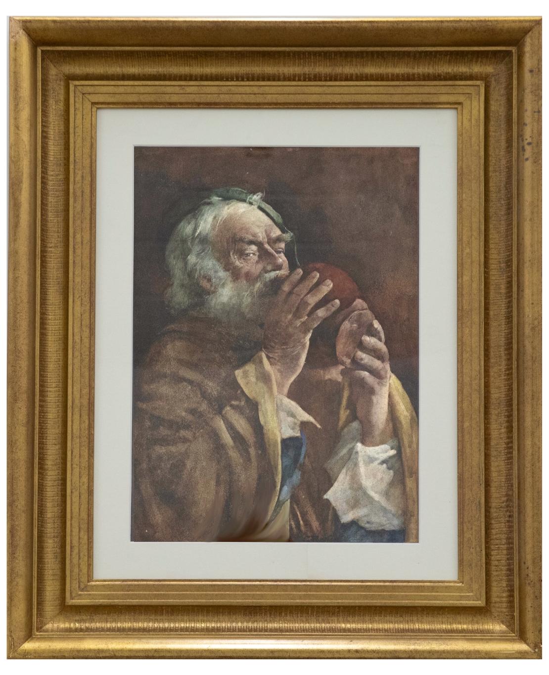 A finely painted watercolour portrait of an old man in green hat and yellow cloak, drinking from a flagon. Signed G. Rushton to the lower right. Presented in a quality gilt effect frame with a new card mount. On paper. 

