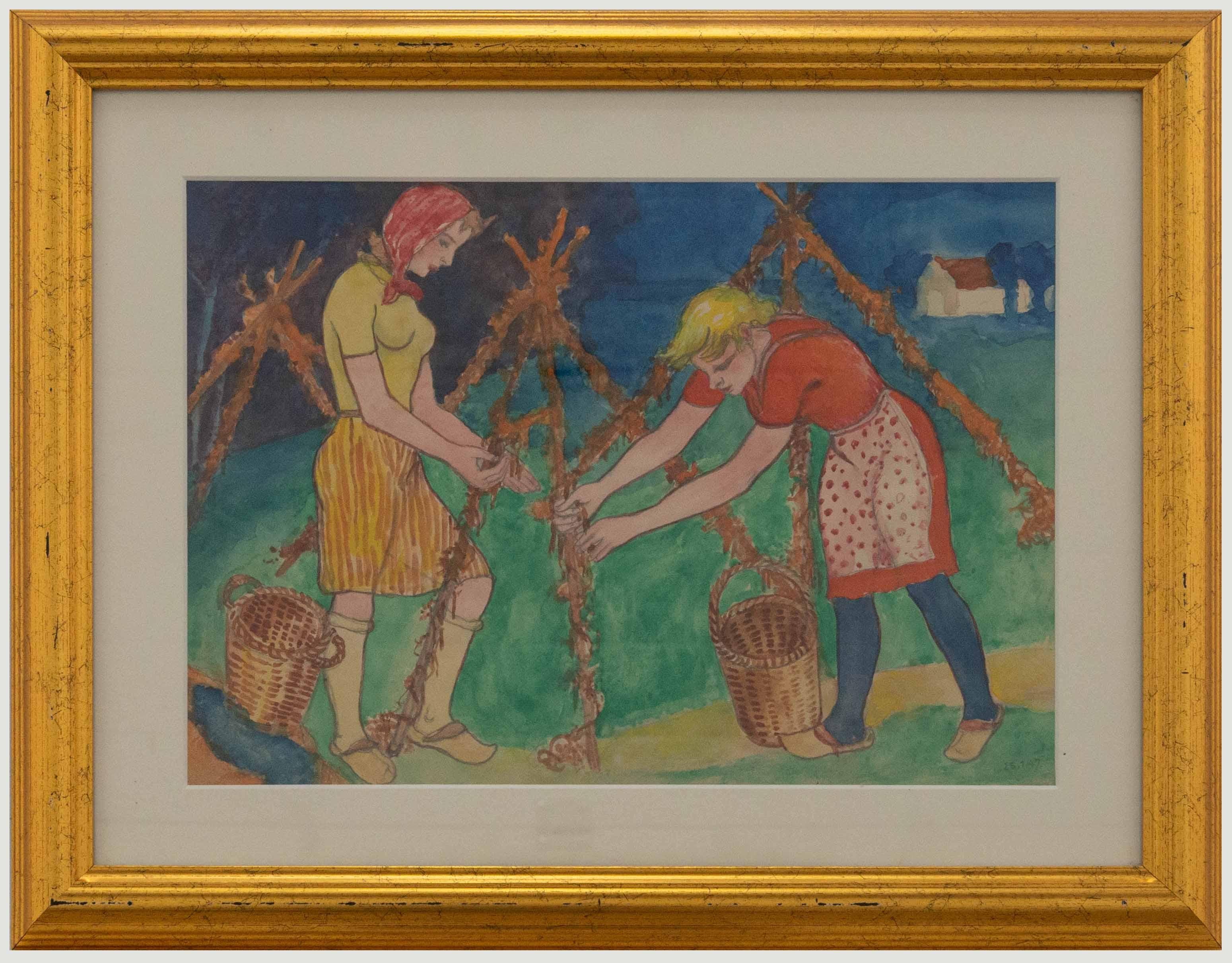 A vivid watercolour scene depicting two brightly dressed women harvesting beans into wicker baskets. Dated to the lower right. Label to the reverse gives artist name and some provenance. Presented in a gilt frame. On paper.
