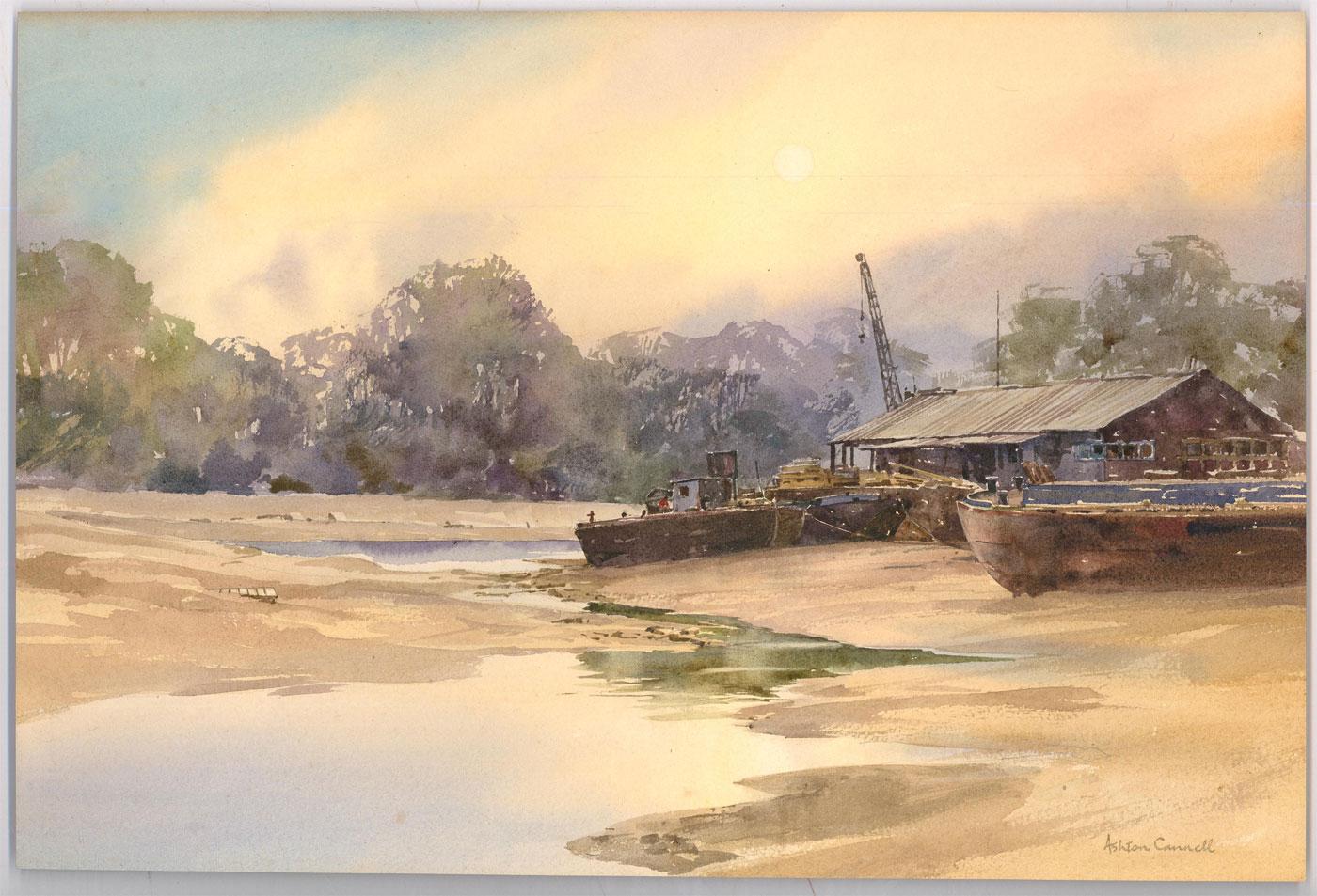 A fine watercolour study of barges at Brentford Creek by 20th century artist Ashton Cannell. Signed to the lower right. On watercolour paper.
