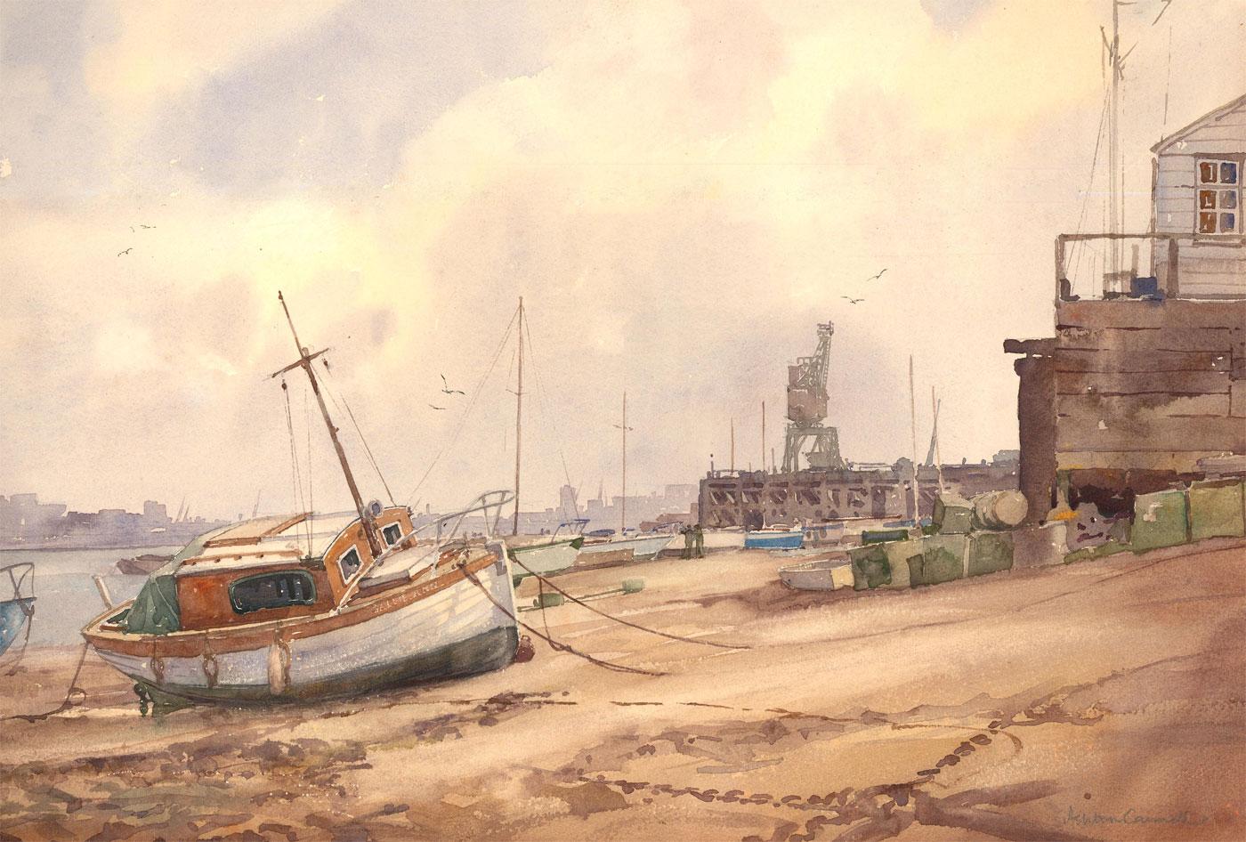 A fine watercolour study by artist Ashton Cannell, depicting a line of sailing boats tethered to the foreshore. Following the route of the river, a dockyard and crane stand tall above a distant city skyline. The watercolour has been signed in