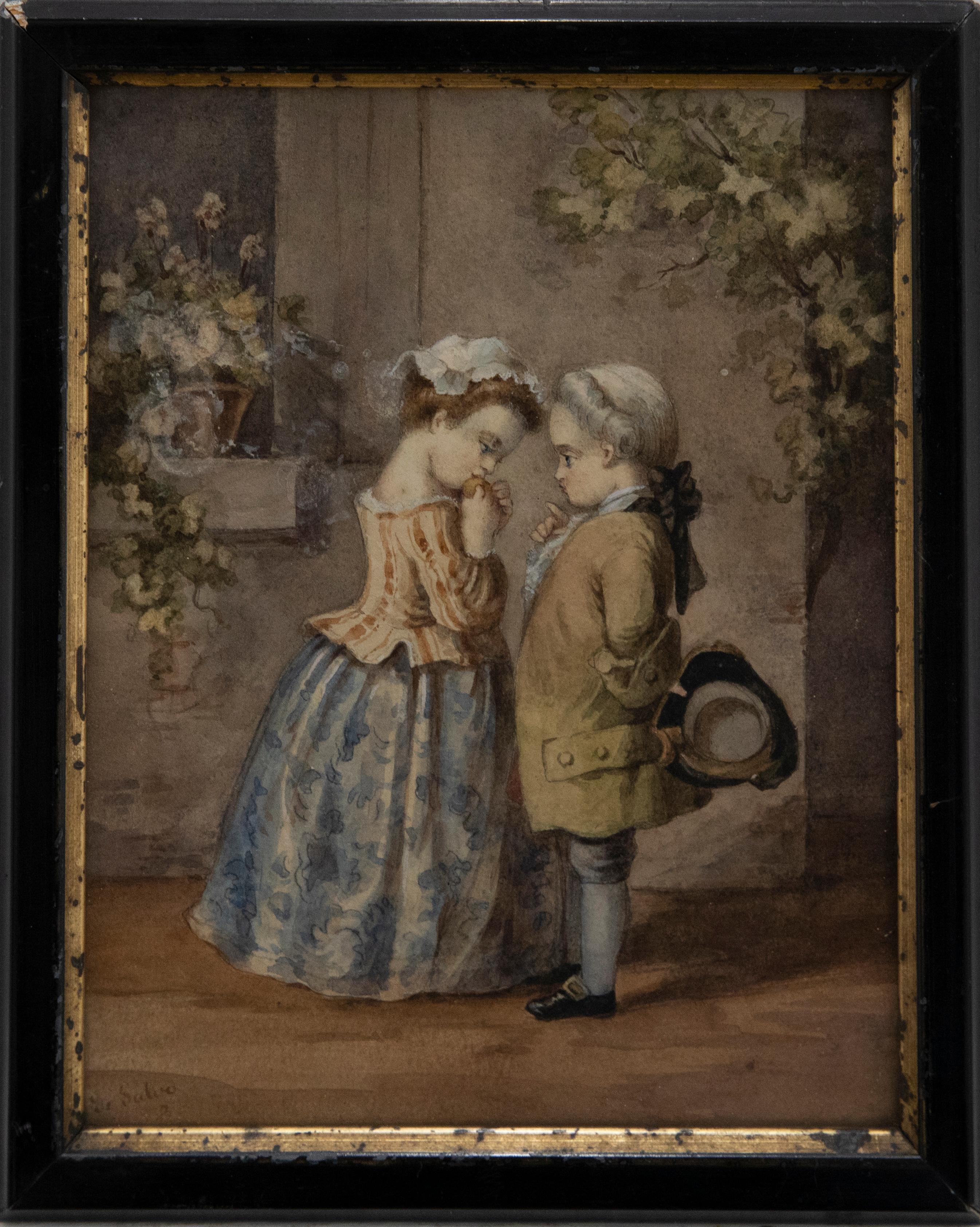 Ein feines und detailreiches Aquarell aus dem 19. Jahrhundert, das zwei Kinder in georgianischer Kleidung zeigt. Der Künstler hat am linken Rand signiert und das Gemälde wurde in einem schwarzen Rahmen aus dem 19. Jahrhundert mit vergoldetem
