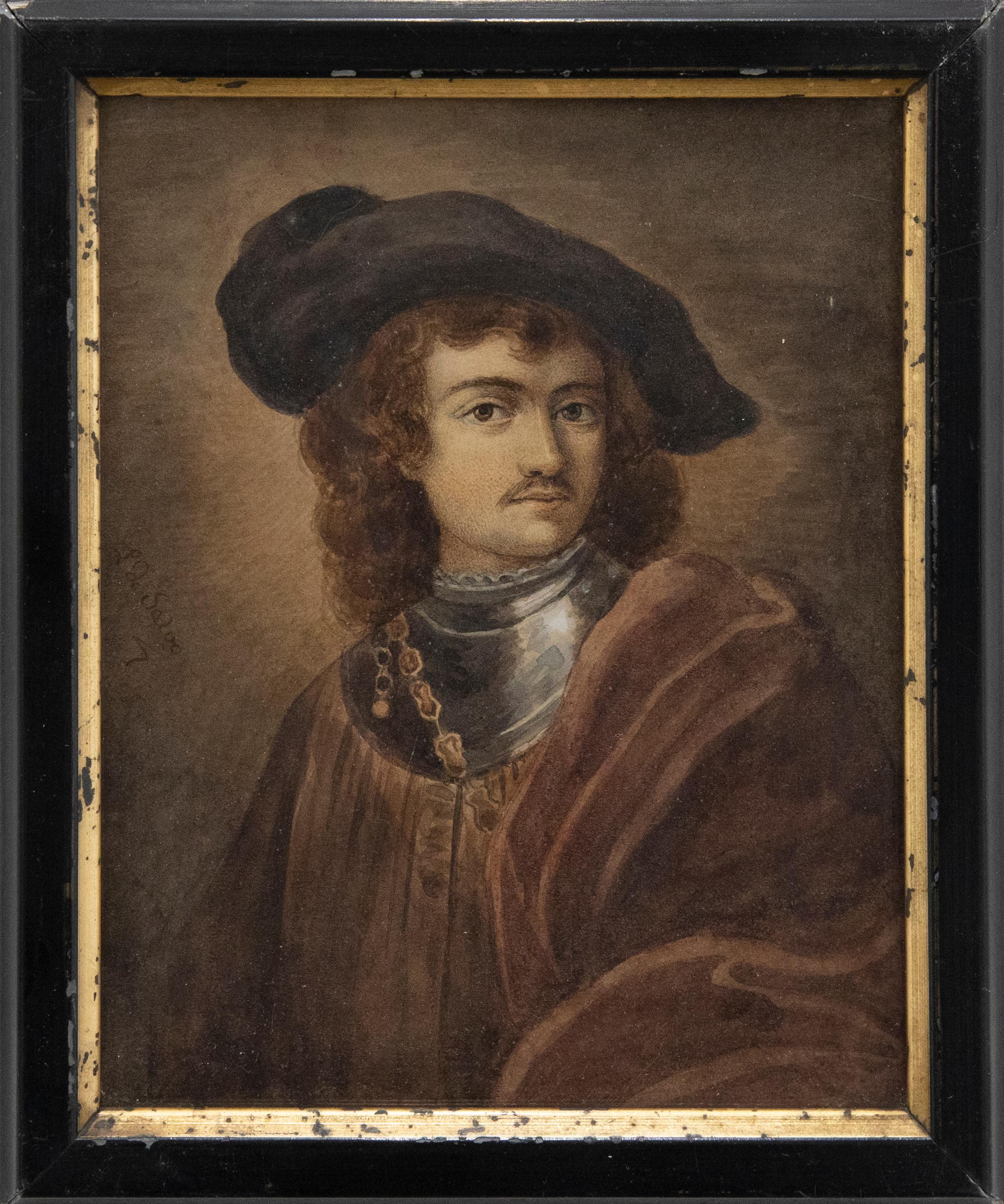 A fine and delicately detailed 19th Century watercolour copy of the self portrait by Rembrandt from 1634. The artist has signed to the left edge and the painting has been presented in a 19th Century black frame with gilt inner window. there is a