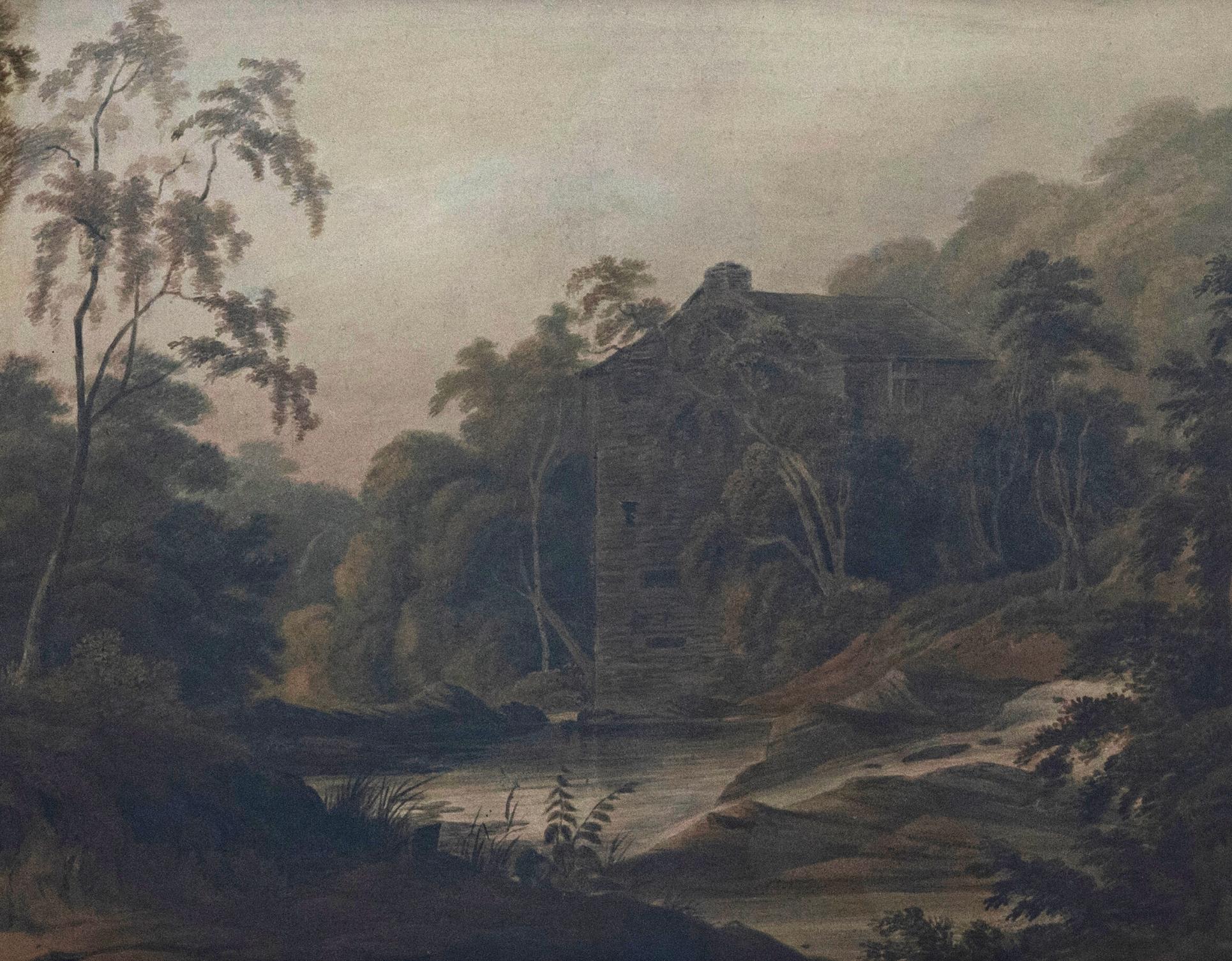 A charming landscape scene depicting a mill on the river's edge. The artist captures the scene in fine detail, with the delicate painting of the trees and foliage being very indicative of a the style of the early 19th Century. Unsigned. Label to the