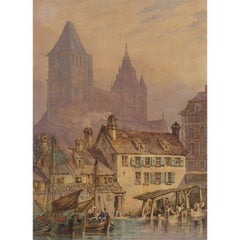 Framed 19th Century Watercolour - Normandy Cathedral