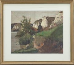 Gerahmtes Aquarell aus der Mitte des 20. Jahrhunderts – Chalk Cliffs im Sommer