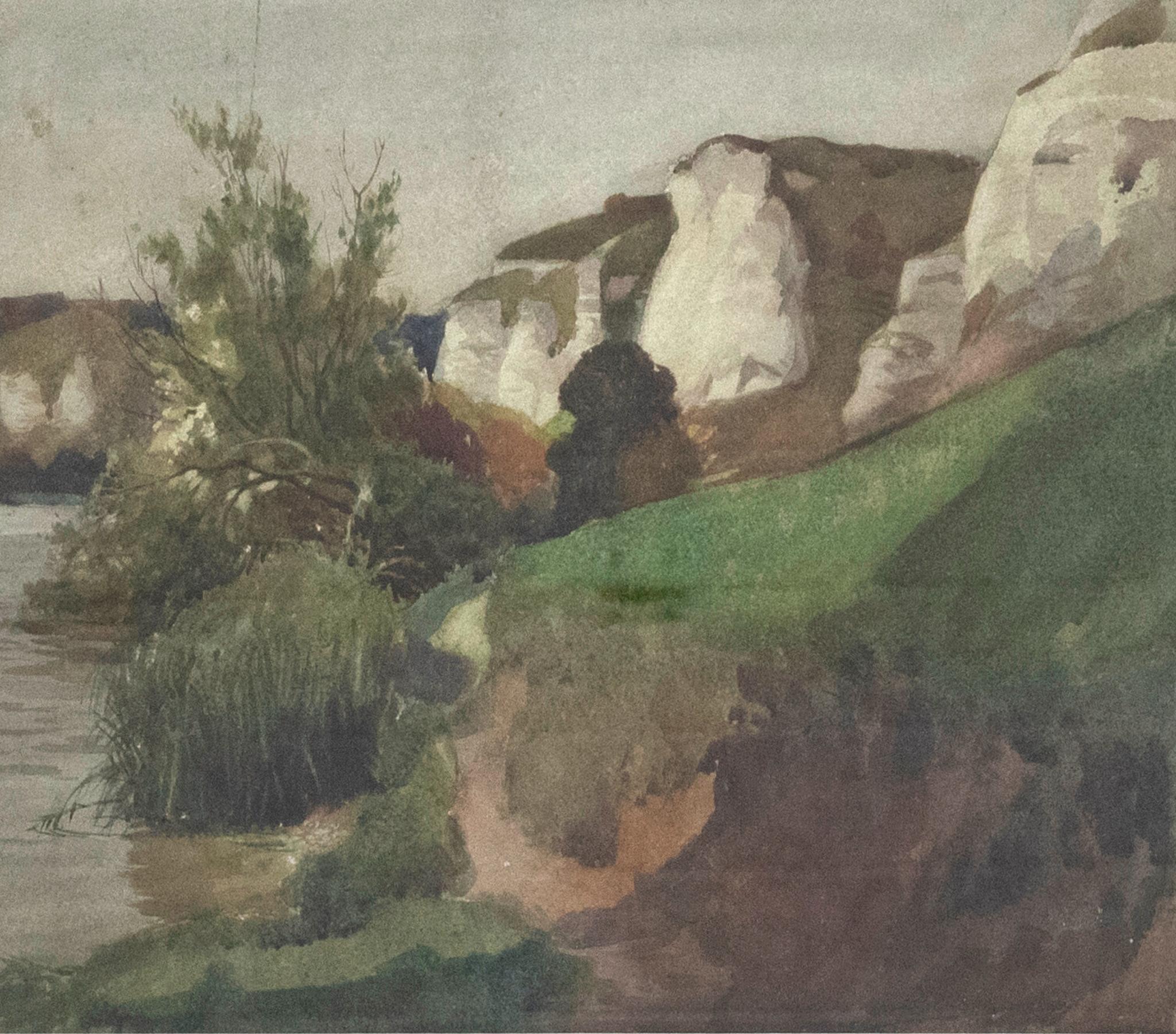 Gerahmtes Aquarell aus der Mitte des 20. Jahrhunderts – Chalk Cliffs im Sommer – Art von Unknown