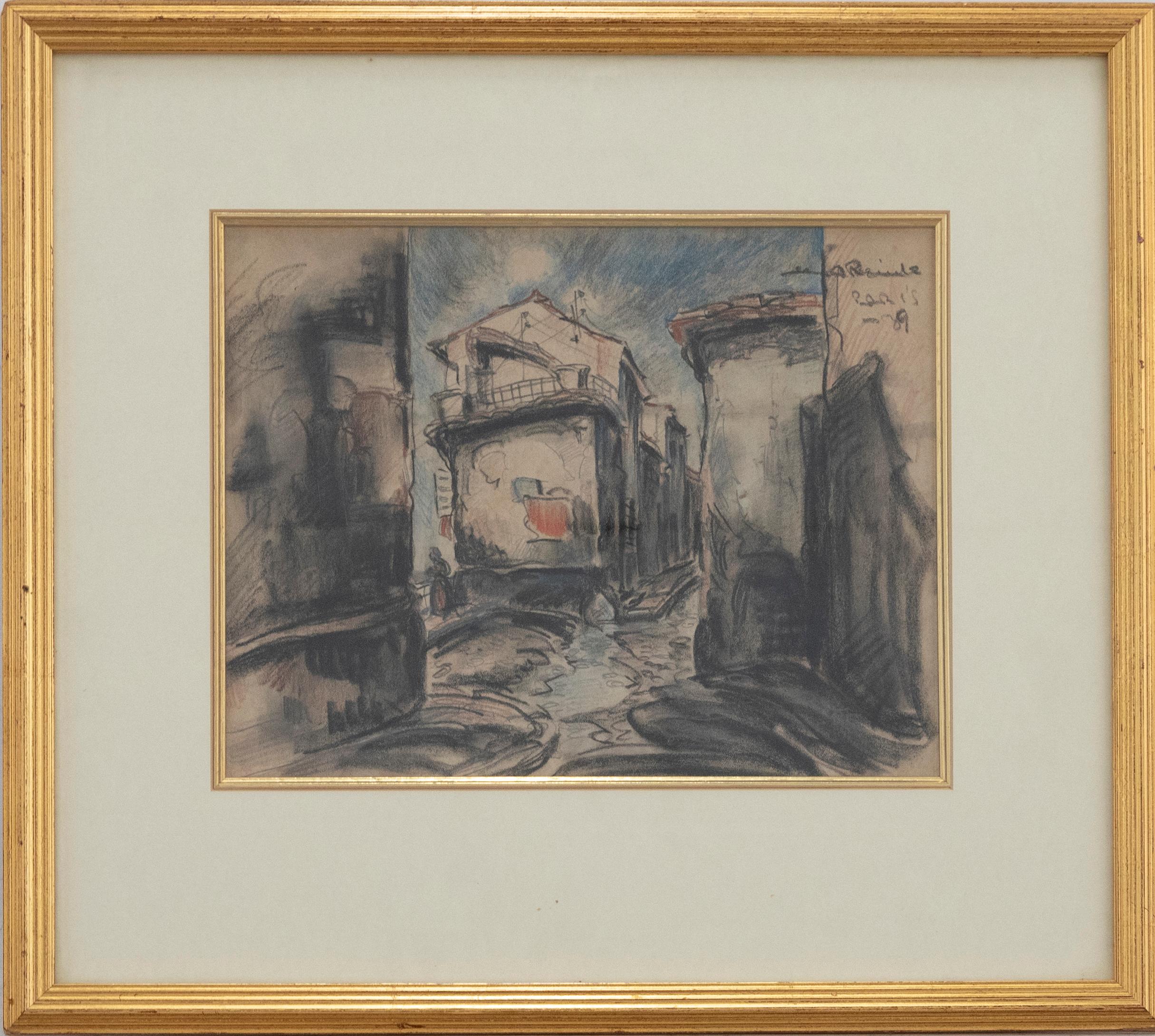 Landscape Art Unknown - Drawing encadré au fusain de 1939 - Parisian Street
