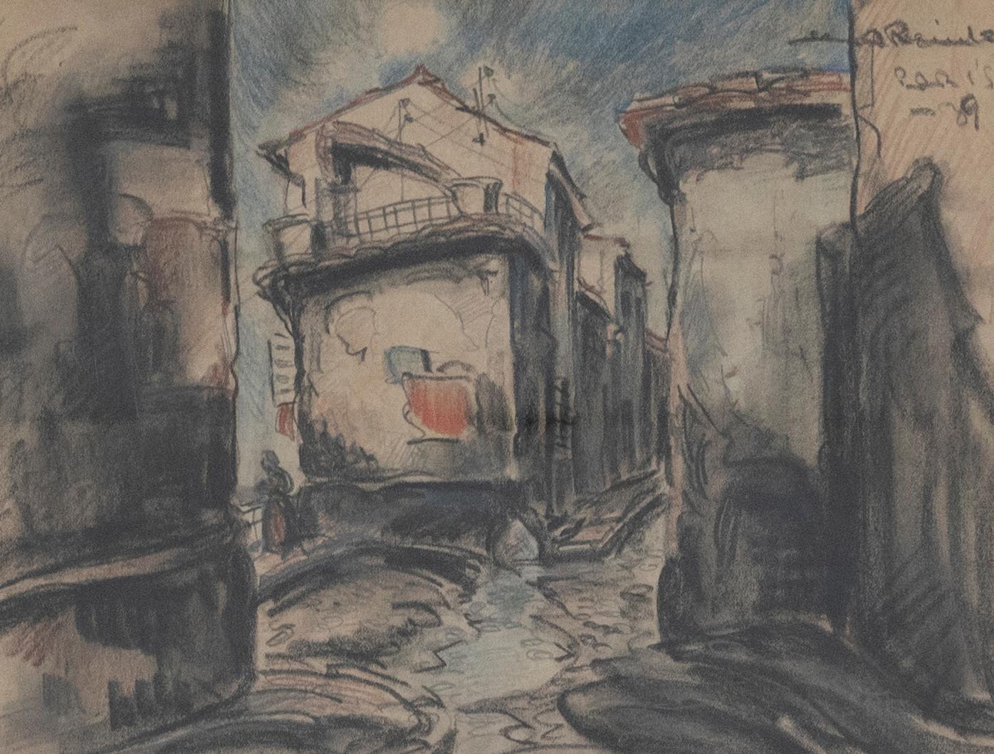 Drawing encadré au fusain de 1939 - Parisian Street - Art de Unknown