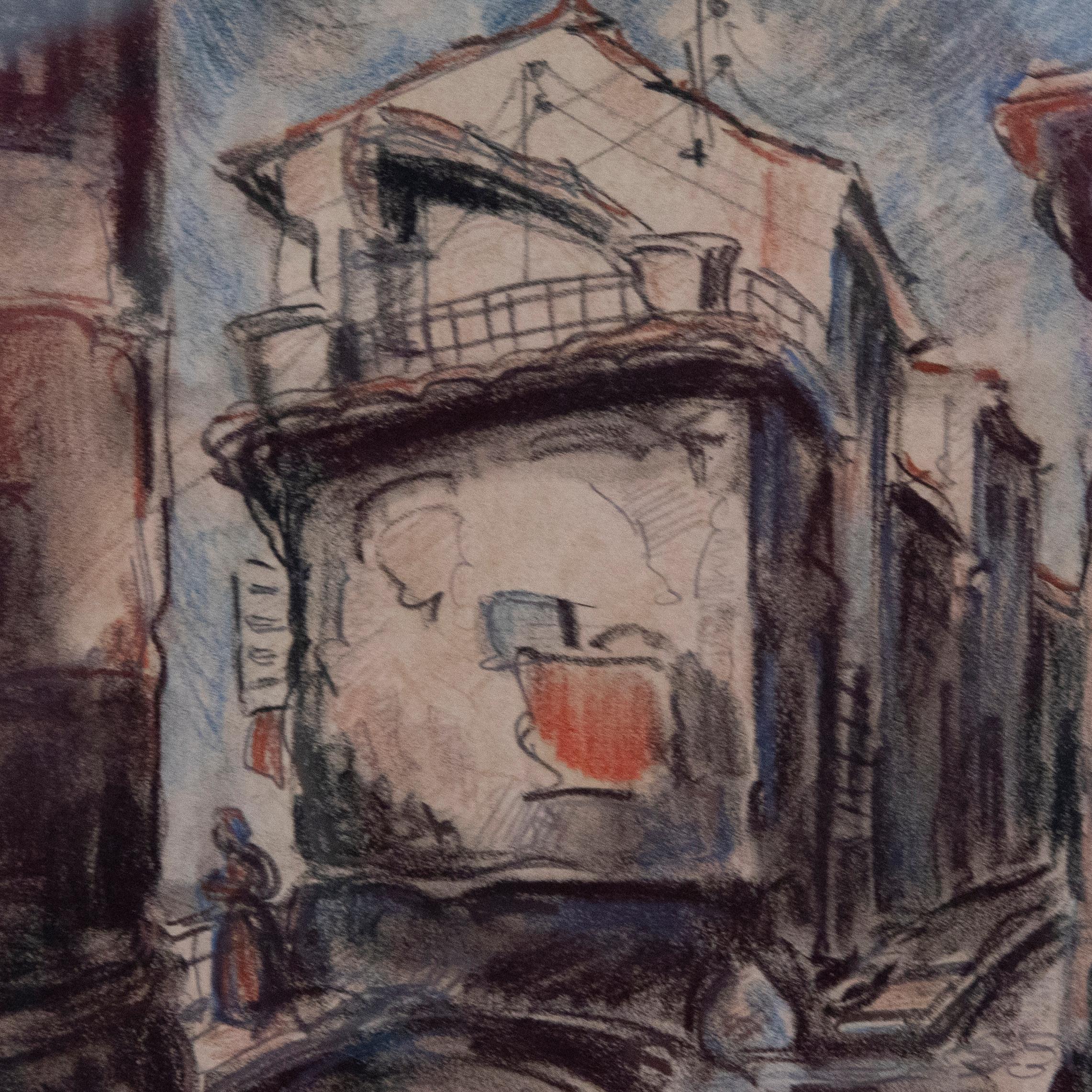 Drawing encadré au fusain de 1939 - Parisian Street en vente 1
