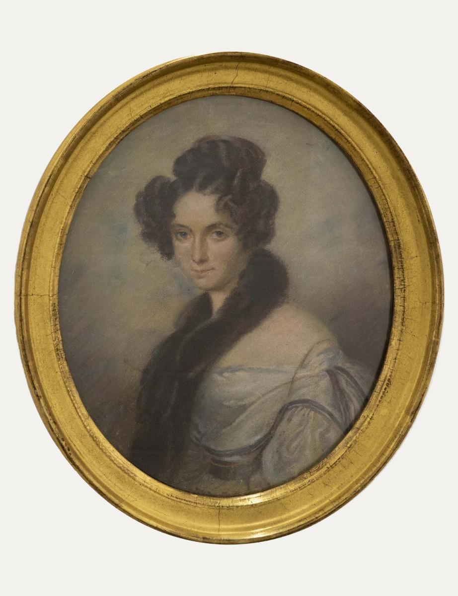 Unknown Portrait - English School Mid 19th Century Pastel - Lady With Fur Stole