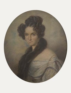 English School Mid 19th Century Pastel - Lady With Fur Stole
