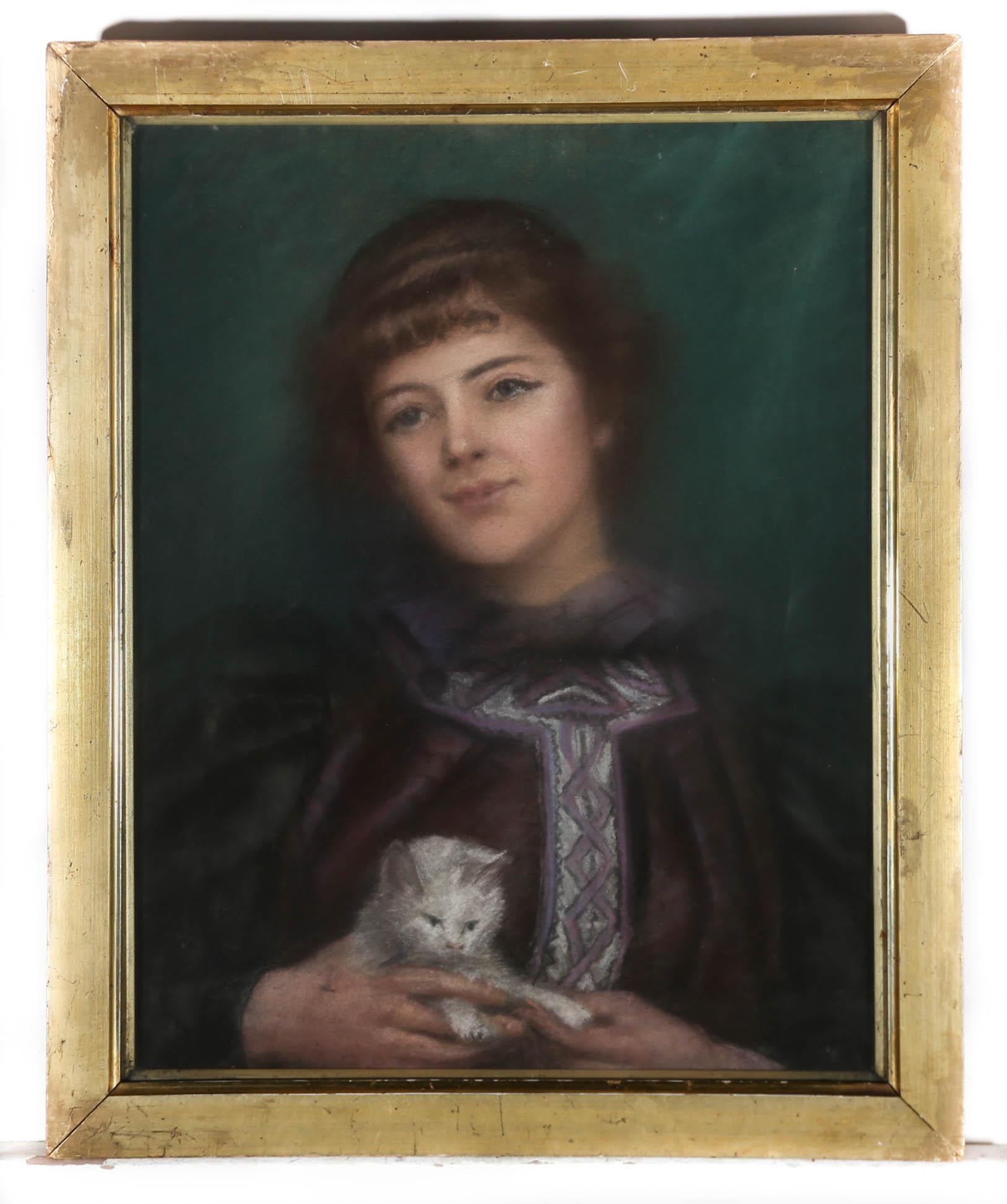 A fine 19th Century pastel portrait, showing a pretty, smiling young woman, proudly holding a tiny white kitten. The subject and soft rendering of the portrait, give this piece a tenderness and delicacy. The drawing is unsigned and presented in its