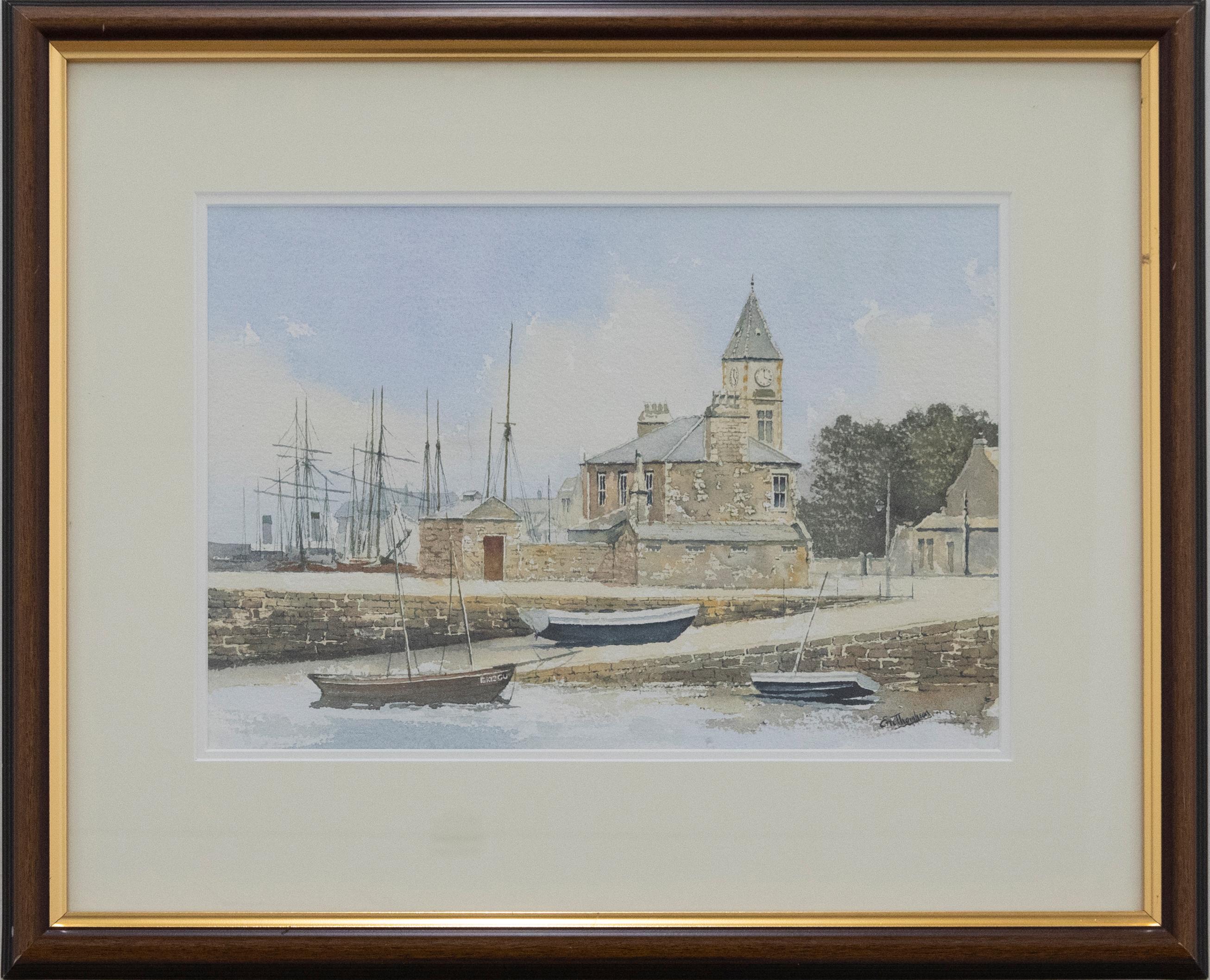 A charming watercolour scene depicting fishing boats lining the dock at St Sampson's, Guernsey. Signed to the lower right. Presented in a wooden frame with a gilt slip. 