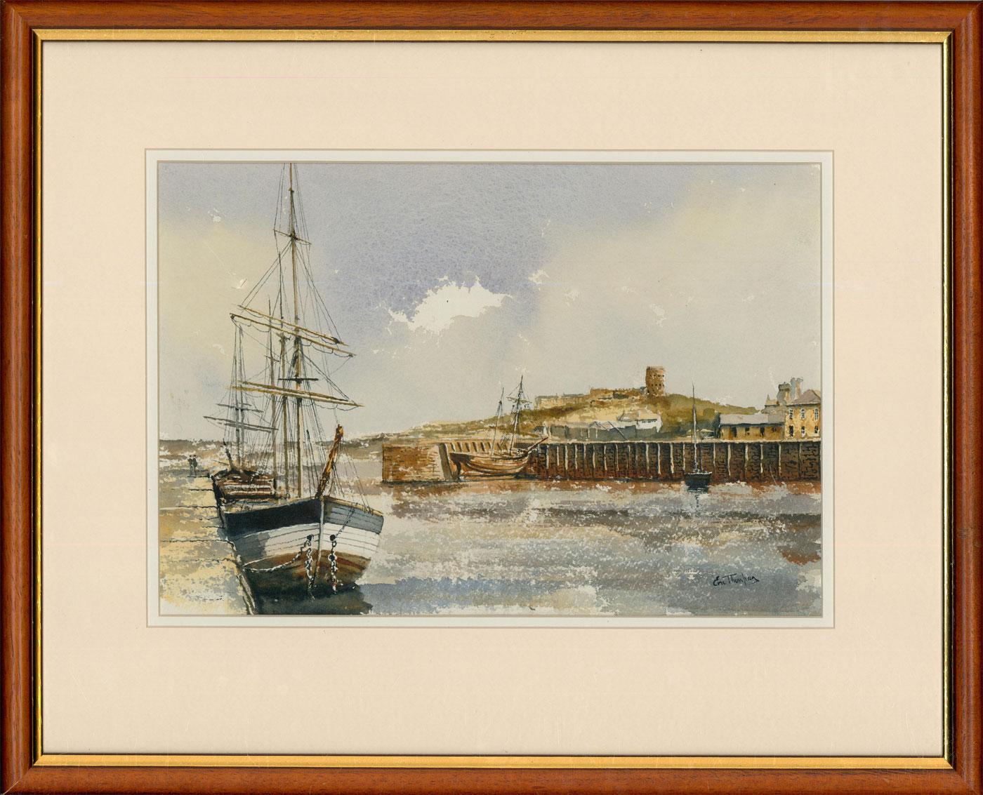 A charming watercolour scene depicting St Sampson's harbour on a sunny morning. Signed to the lower right. presented in a wooden frame with a gilt slip. On paper.