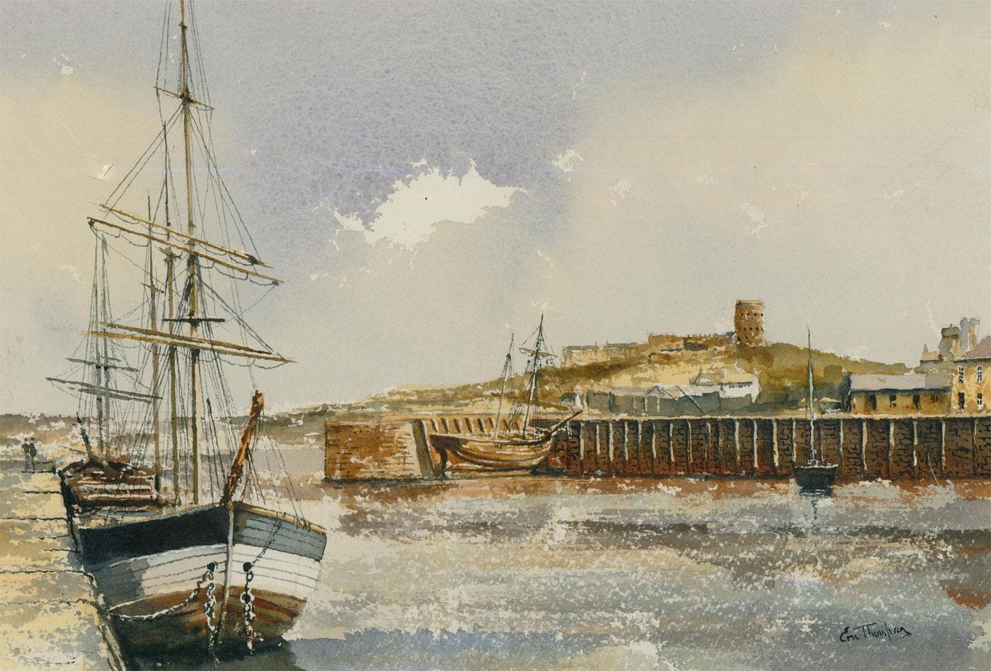 Eric Thompson - Contemporary Watercolour, Morning at St Sampson's Harbour For Sale 1