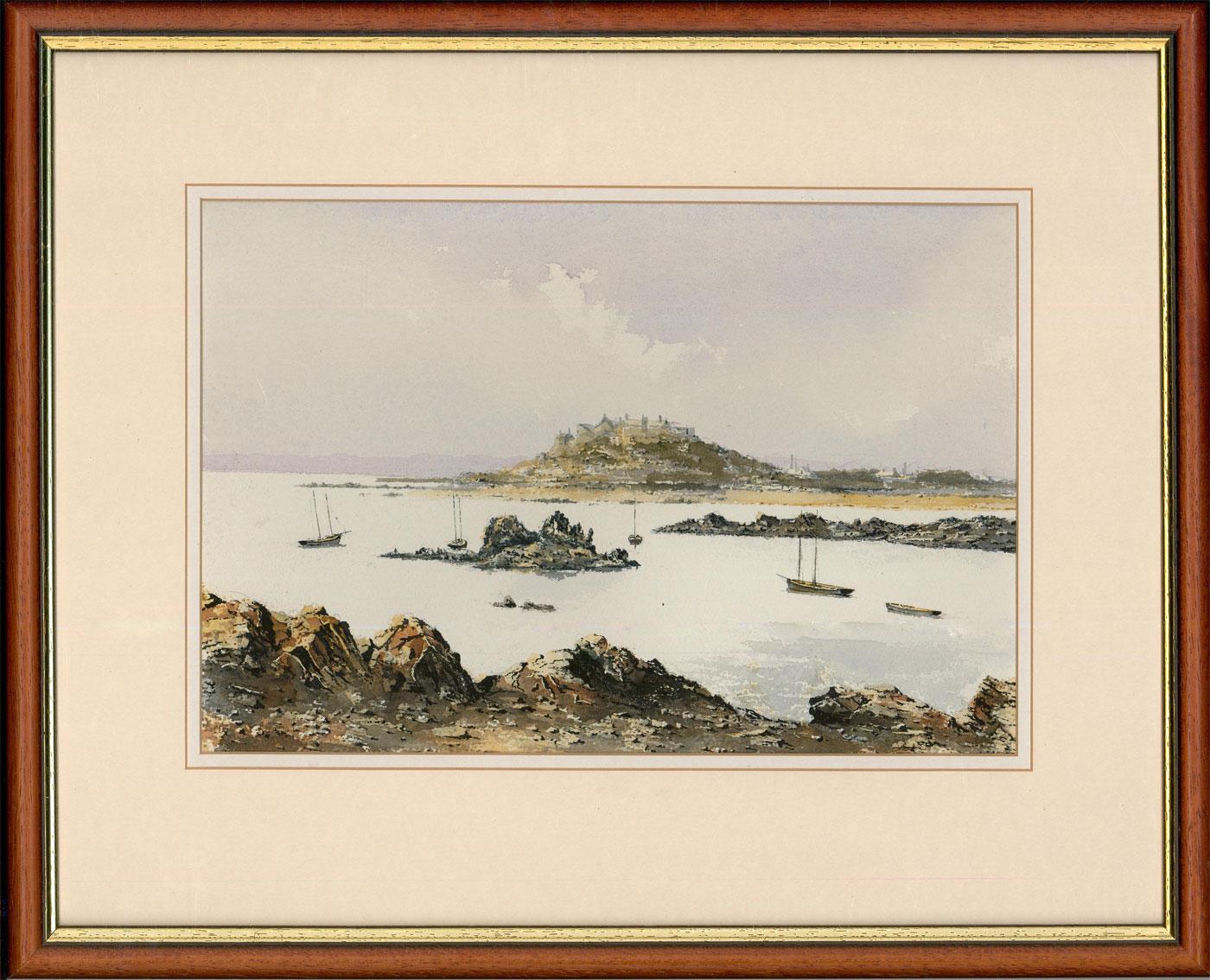 A charming watercolour scene depicting Bordeaux Harbour in Guernsey. the artist captures small fishing boats floating around the island's rocky coastline. Unsigned. Presented in a wooden frame with a gilt slip. On paper.