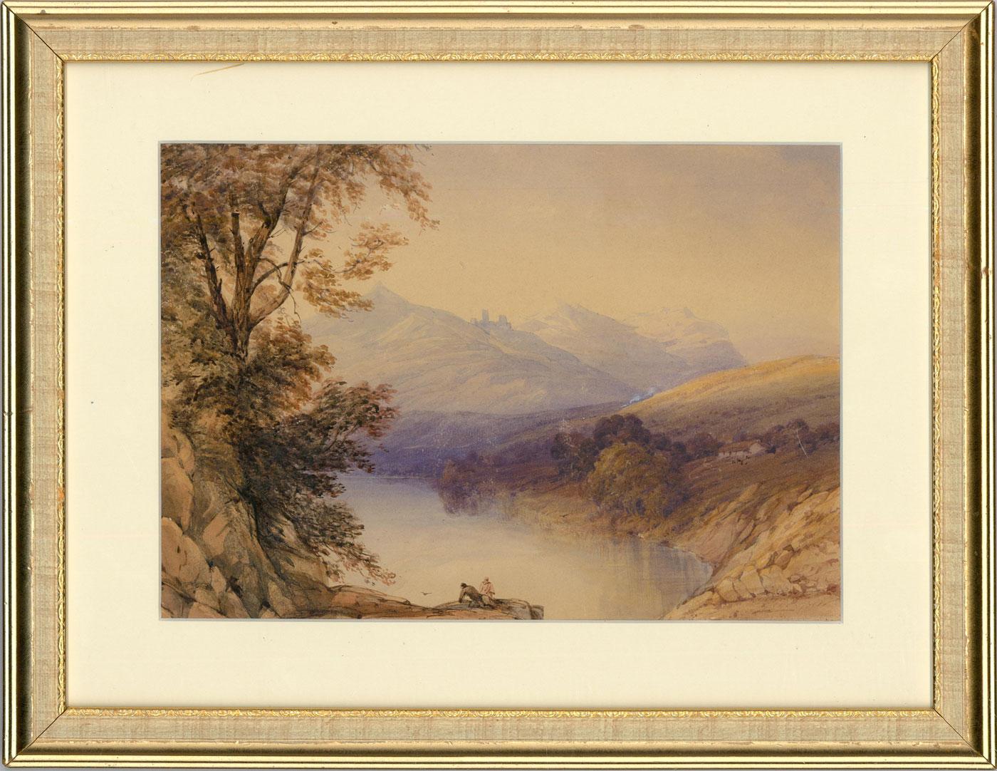 A charming watercolour scene attributed to19th century artist James Duffield Harding (1798-1863). In the foreground a mature tree is growing from rocks to the side of a majestic mountain river. Near centre two figures can be seen knelt, peeking over