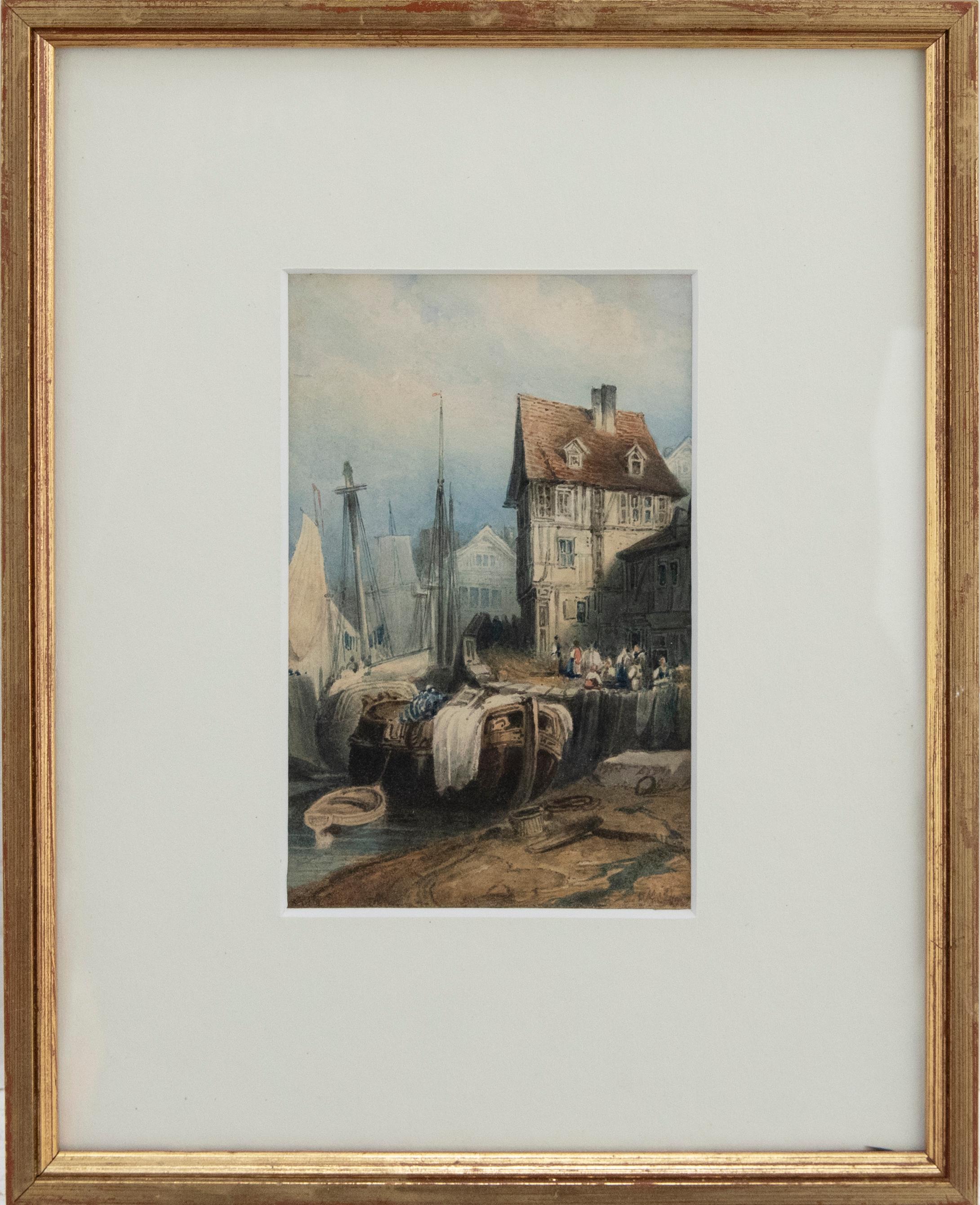 A charming watercolour scene of ships moored inside a port with figures and buildings on the right-hand side. Unsigned. Well-presented in an elegant gilt frame with a new card mount. Fixed to the reverse of the frame is a receipt of purchase from
