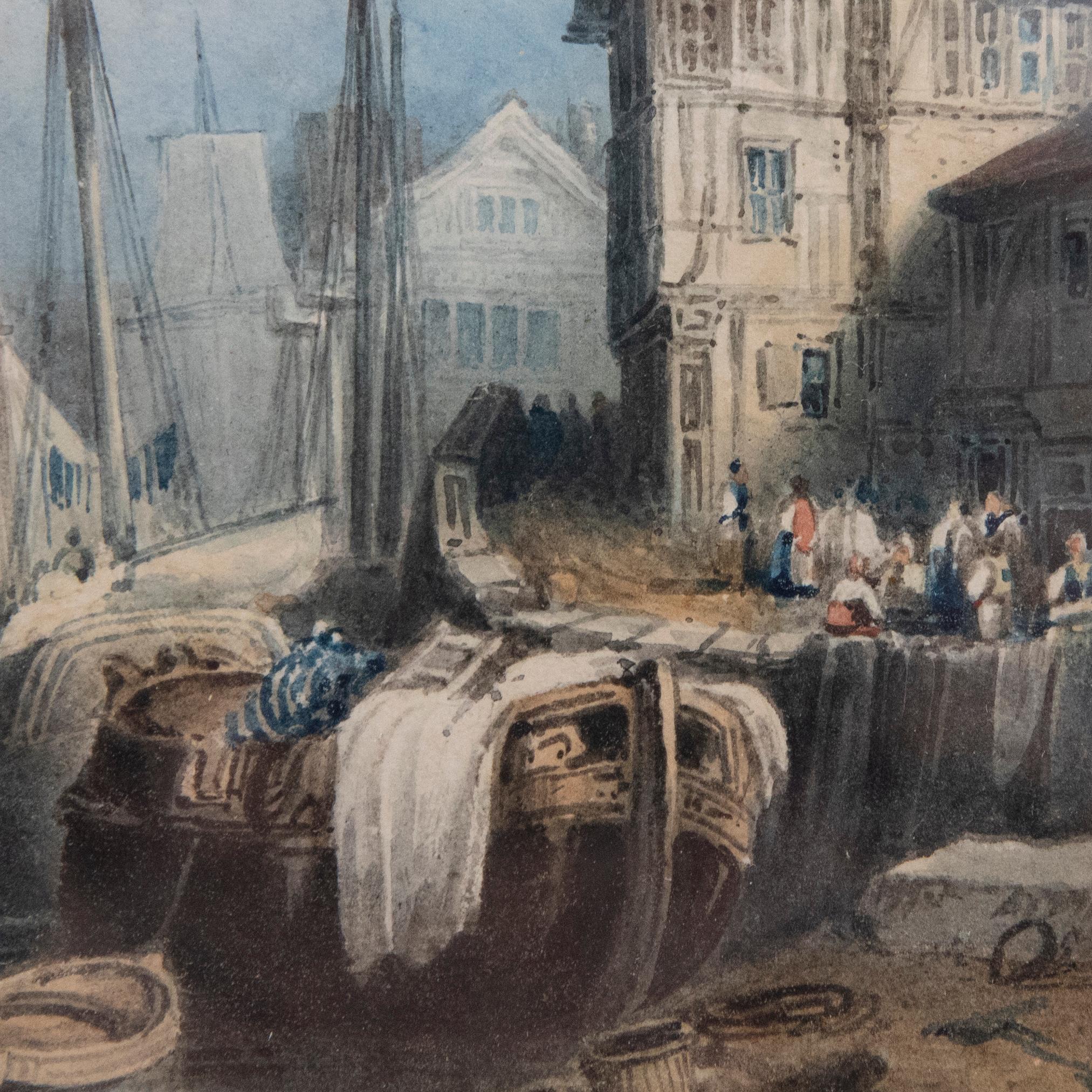 Attribut. Samuel Gillespie Prout (1822-1911) – Aquarell, Der bunte Hafen im Angebot 3