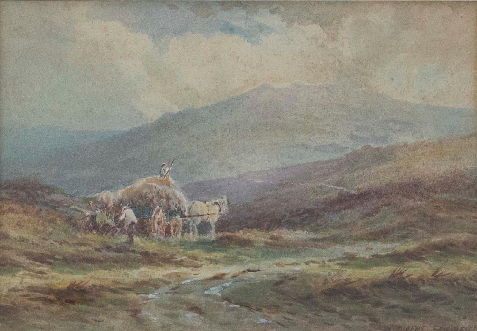 A charming watercolour scene depicting farmers piling hay onto a cart before mountains. The artist uses a delicate touch to capture the fine mist on the mountain tops, making for an atmospheric landscape. Signed to the lower right. Presented in a