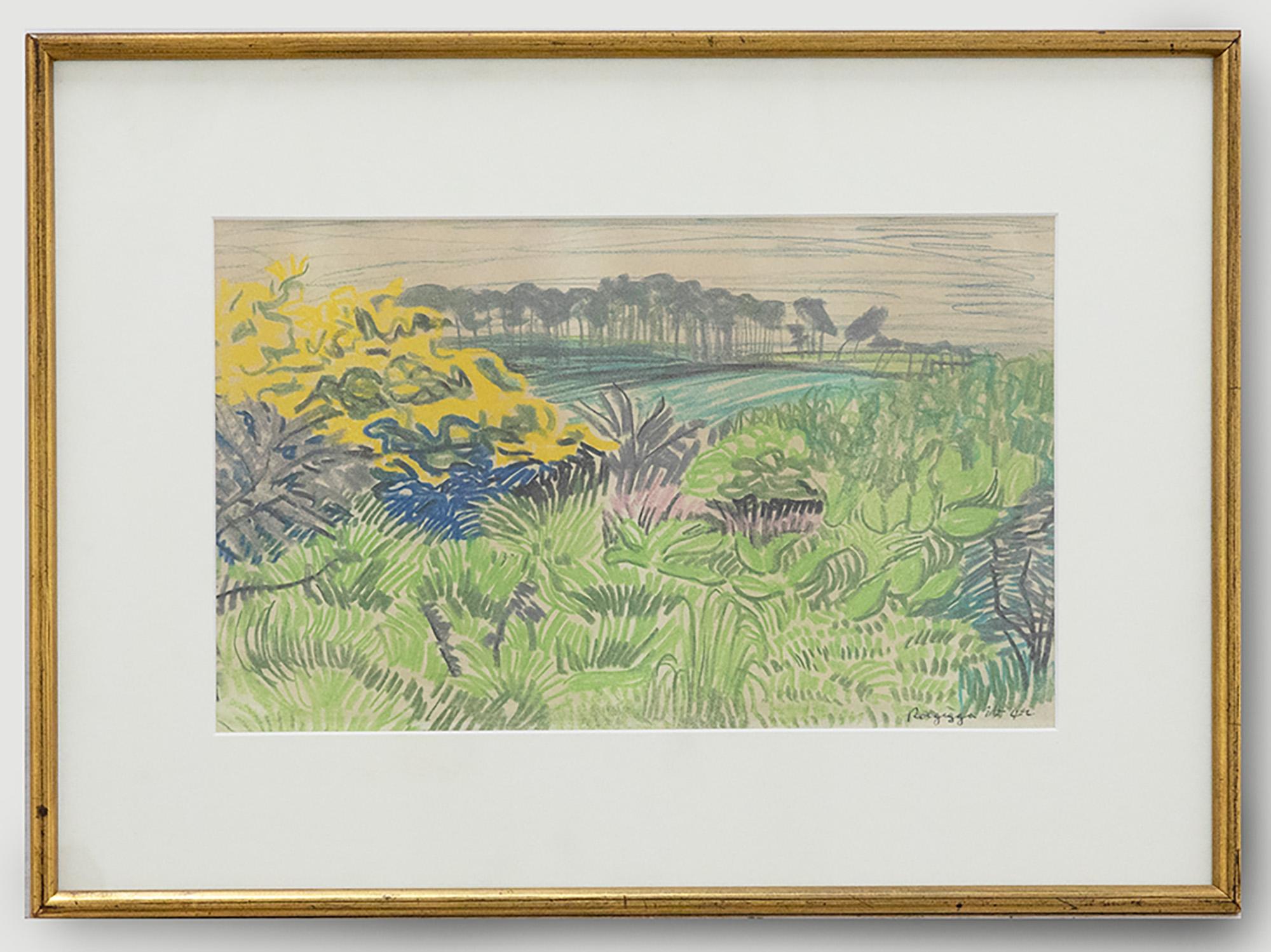 This expressive pastel landscape shows fields near Polgigga, Cornwall. This drawing celebrates pattern and colour and offers us a scene that is overrun with nature. The drawing has been inscribed in pen to the lower margin. Presented in an