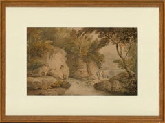 J. Gunson – gerahmtes Aquarell aus dem 18. Jahrhundert, Fischer am Fluss