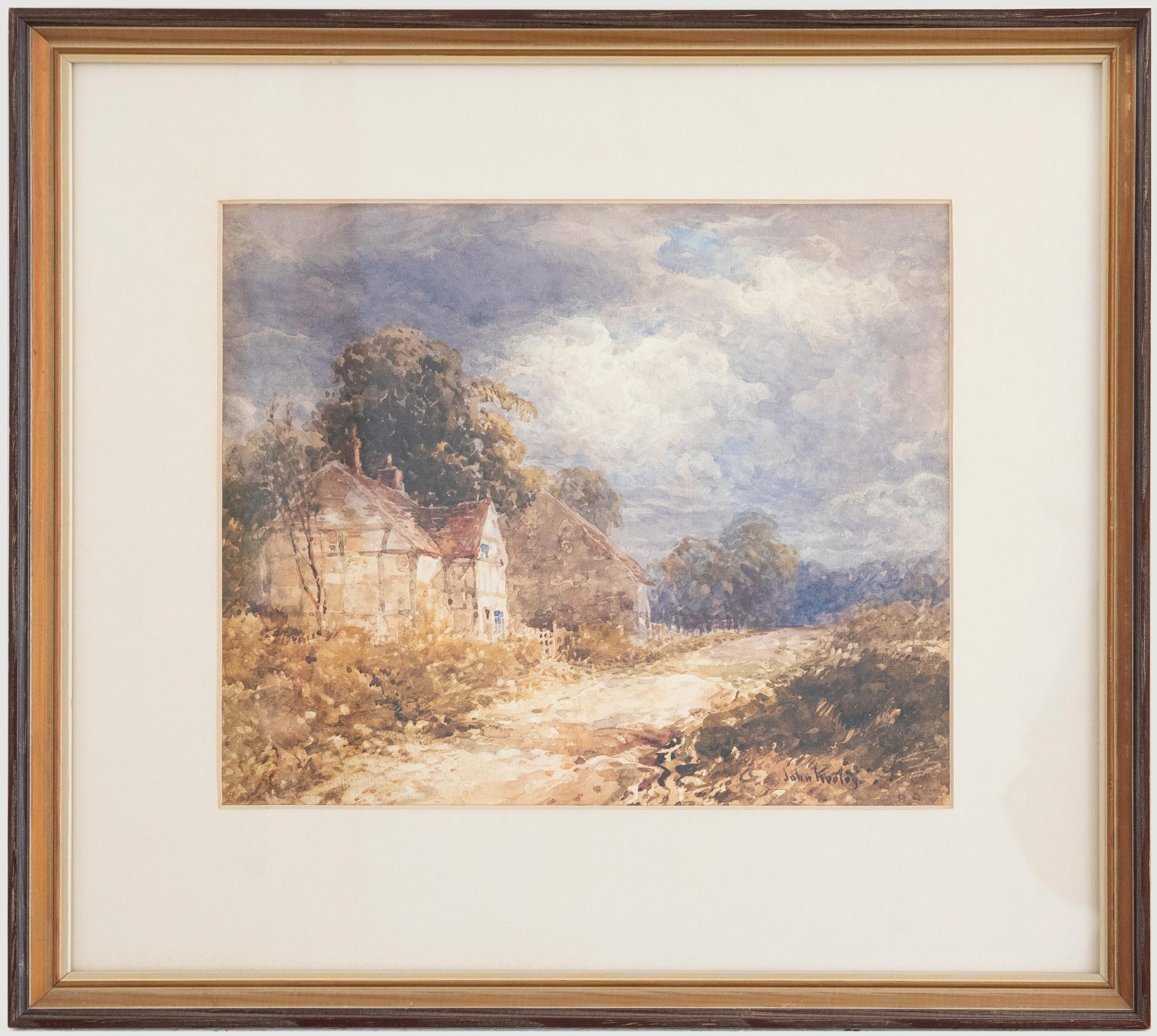 A dynamic watercolour by British artist John Keeley, depicting two woodland cottages side by side in a landscape. The watercolour has been signed by the artist to the lower right. Well-presented in a 20th century veneer wood frame with a cream card