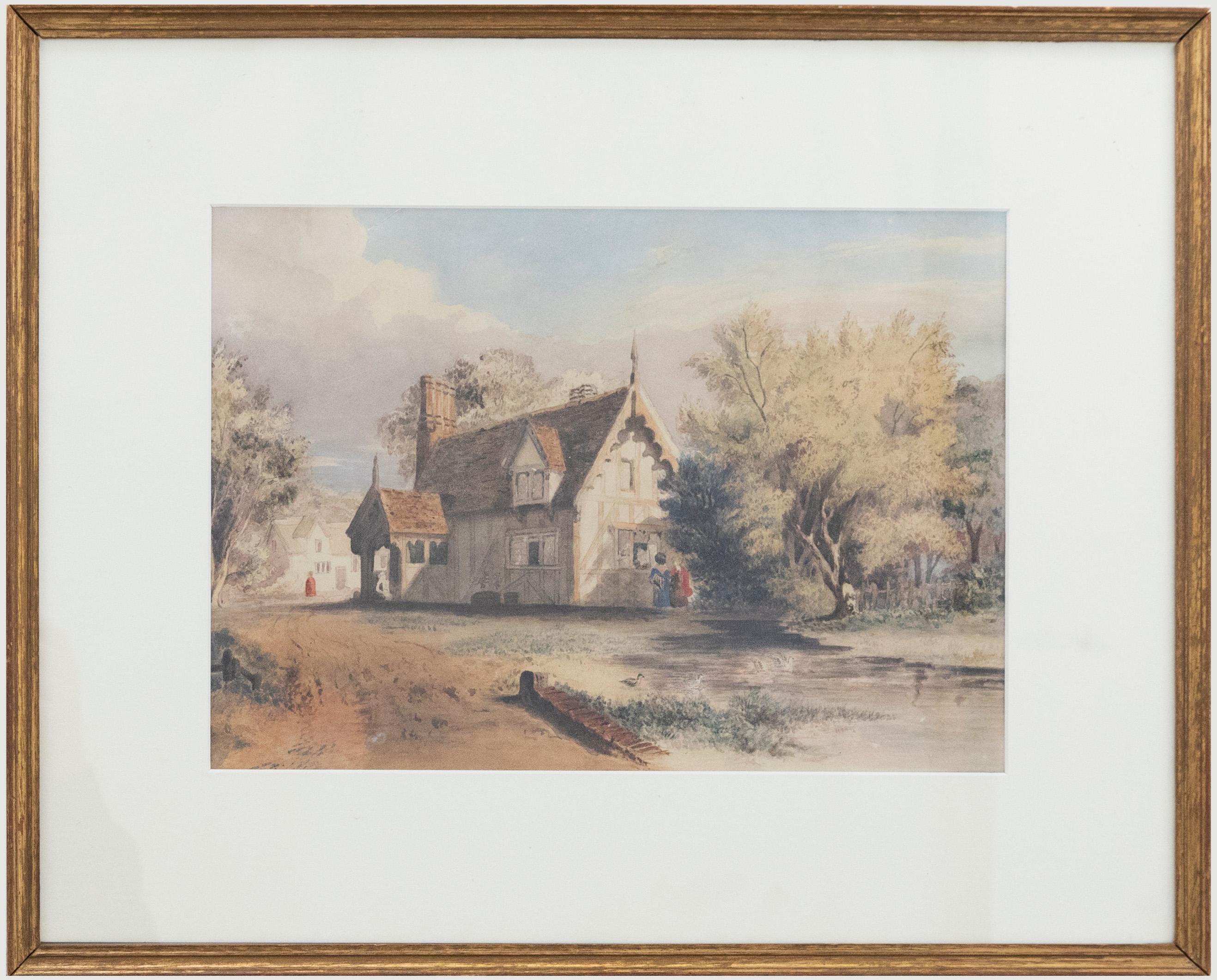 A delightful depiction of a half timbered cottage in a rural village A woman leans out of the window to talk with two women passing by. the rest of the scene captures charming details within the village such as the quaint duck pond and neighbouring