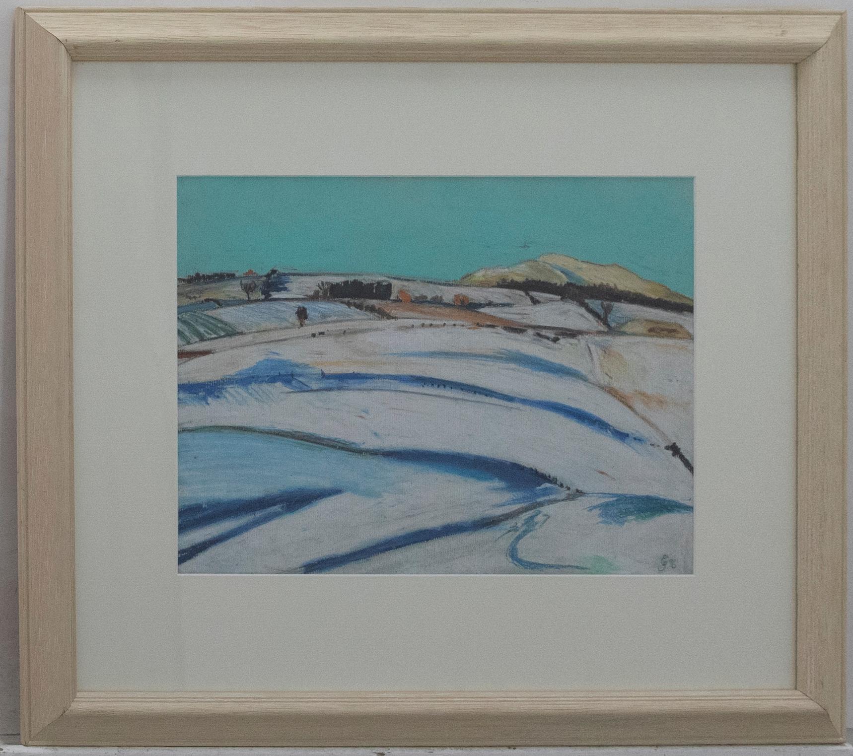 A modern British landscape depicting snow coveredfields on a clear winter's day. Presented in a complimenting contemporary frame with a crisp white mount. Signed with initials and dated '96 to lower right. On laid.