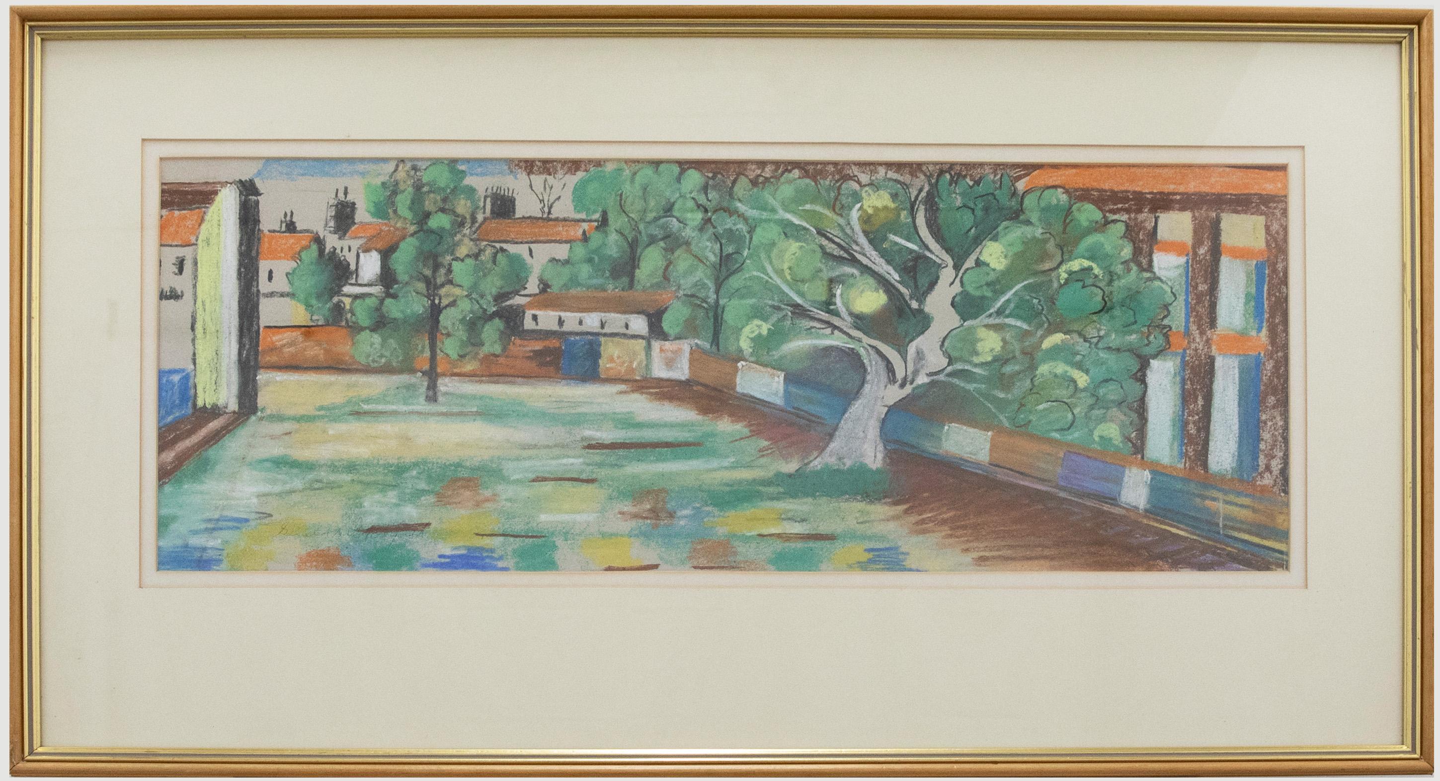 A colourful and eye-catching pastel drawing of a quiet Cul-de-Sac by British artist Gerald Pitchforth. Presented in a long and narrow 20th century frame. Signed.  On paper.